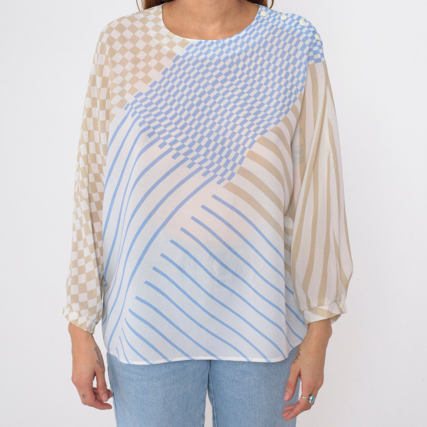 80s Frankenwalder Sheer Checkered Striped Blouse Long Sleeve Button Shoulder Blue White Taupe Extra Large