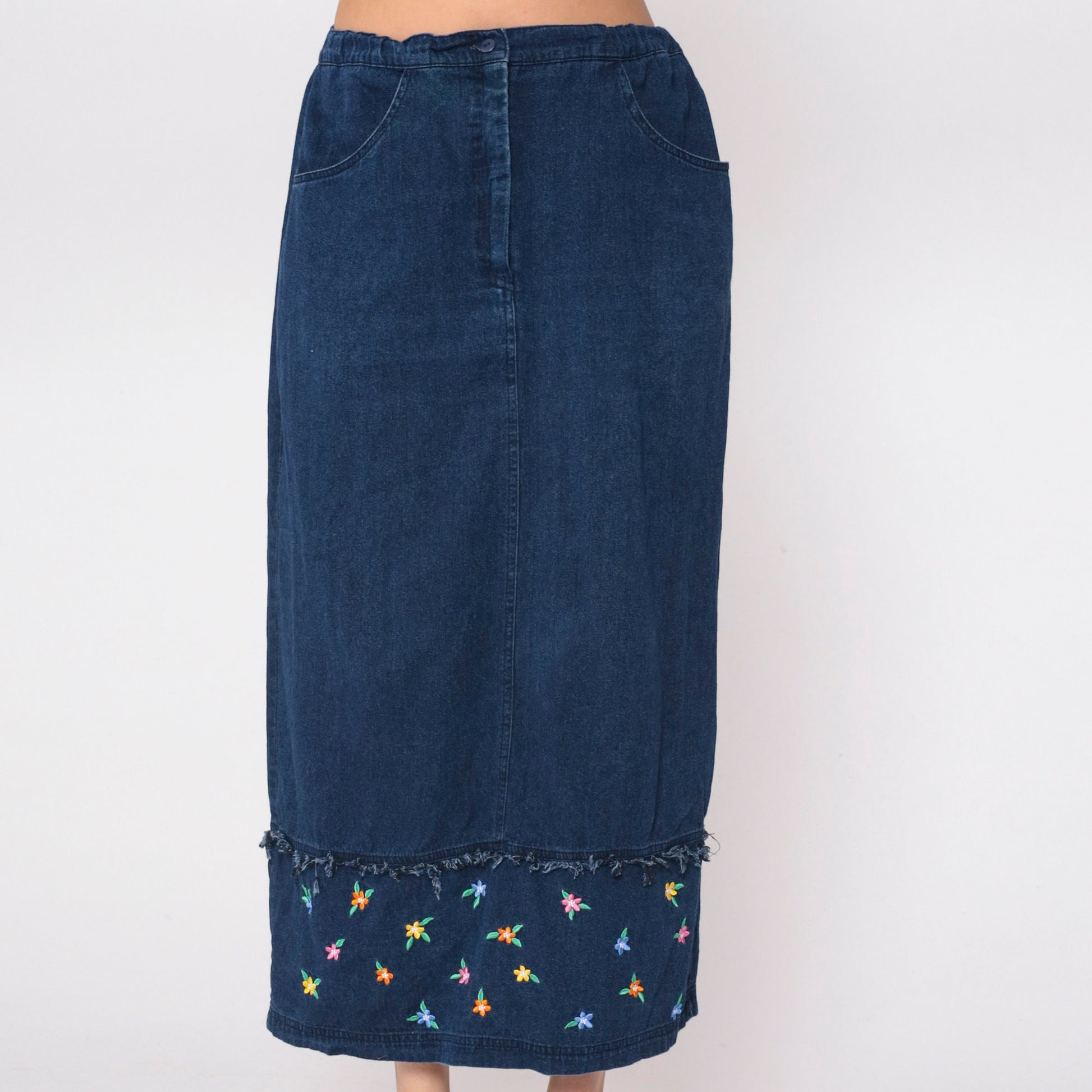 00s Samantha Edwards Denim Maxi Skirt Floral Embroidered Dark Wash Large