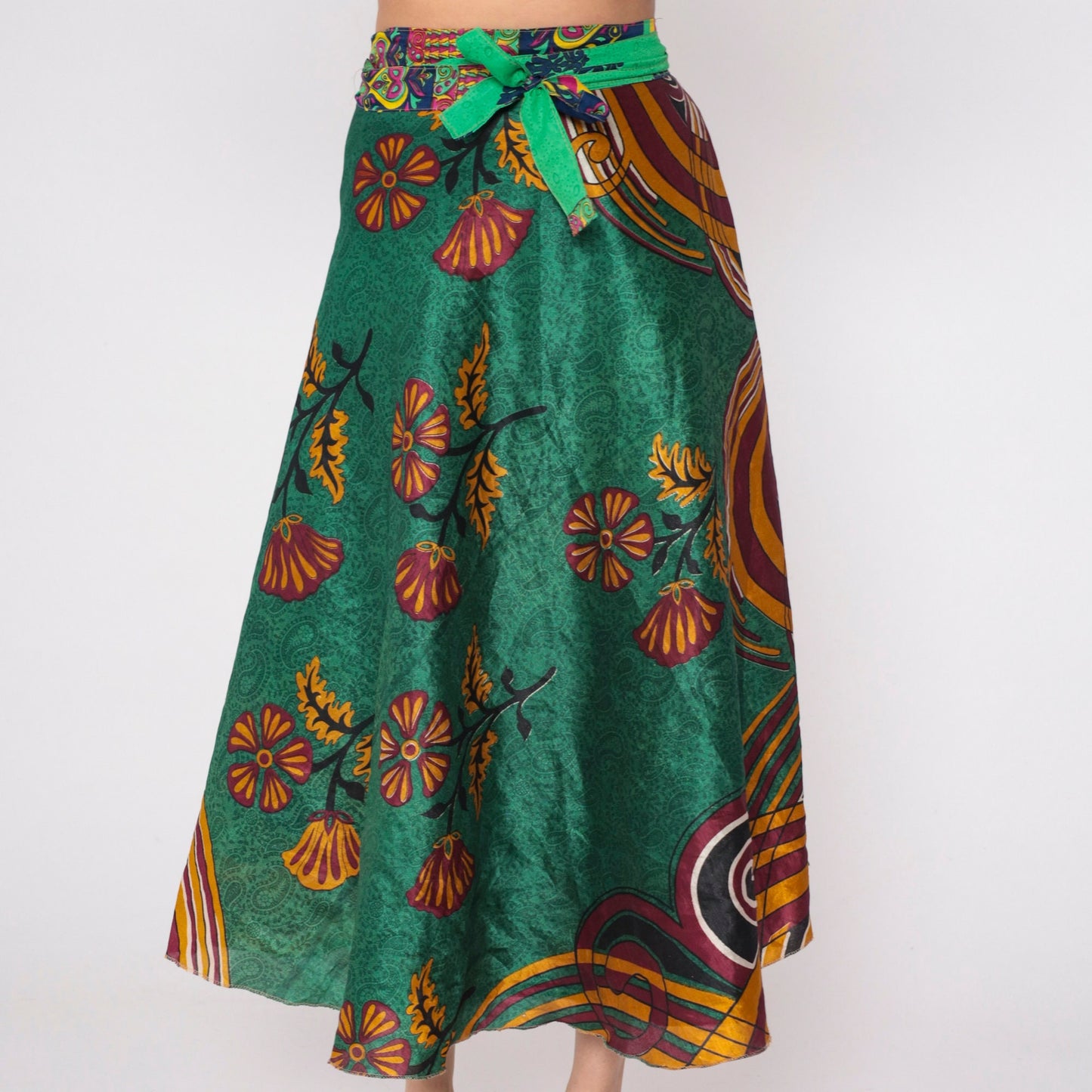 Y2K Reversible Wrap Midi Skirt Green Floral Paisley Print 00s Small Medium Large