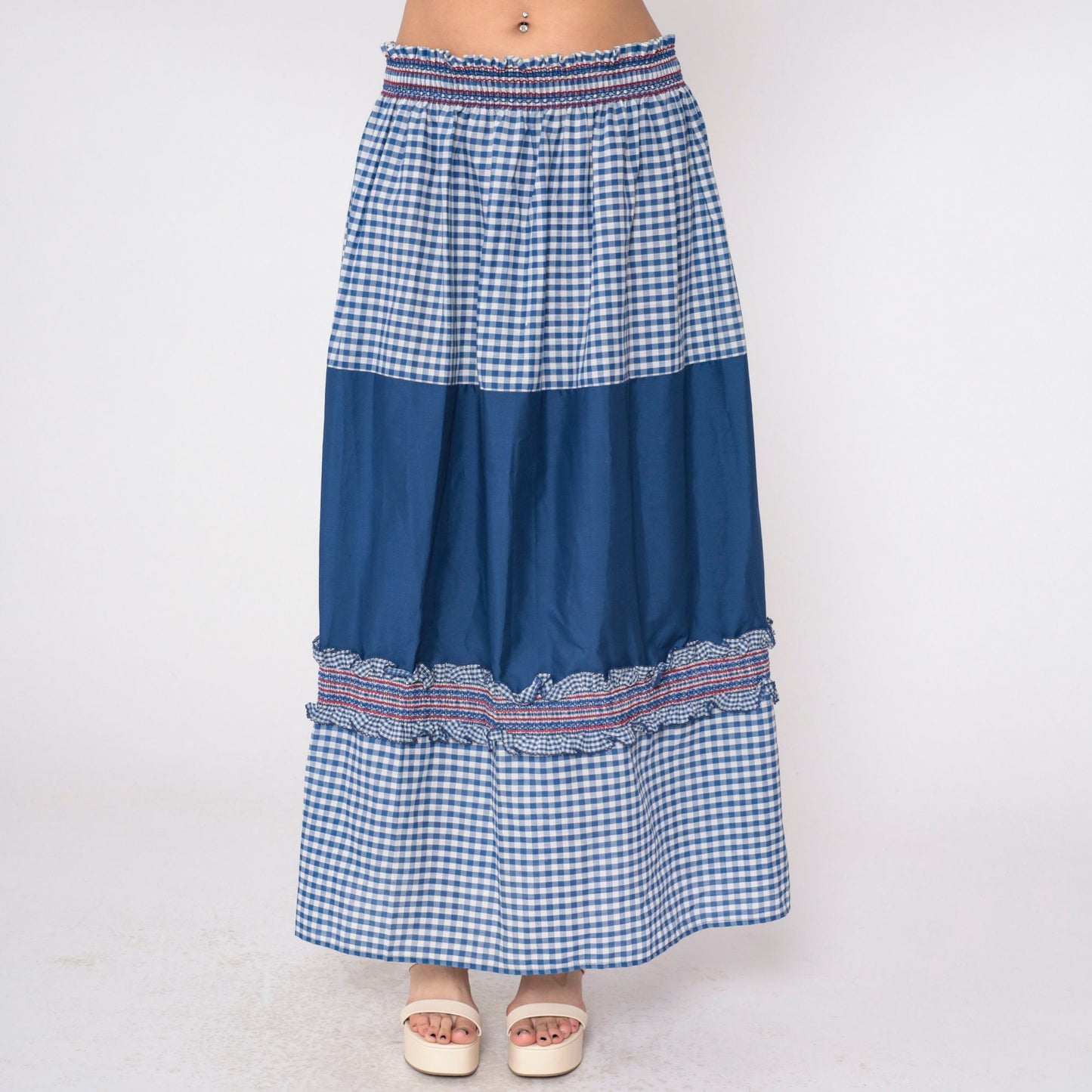 80s Blue Gingham Maxi Skirt High Waist Smocked Ruffled Patchwork Medium Large