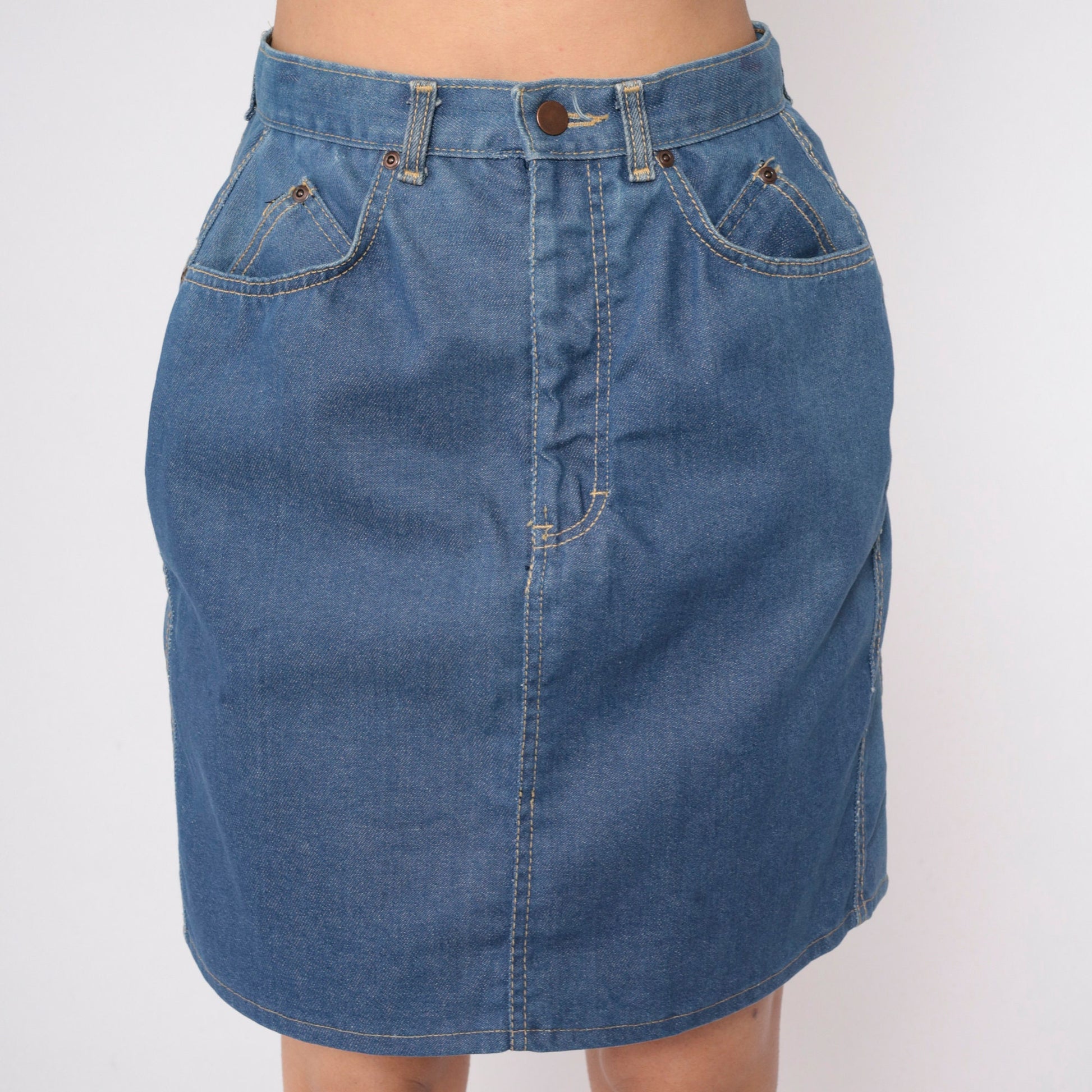 80s Blue Denim Mini Skirt High Waisted Pencil Cut Small S