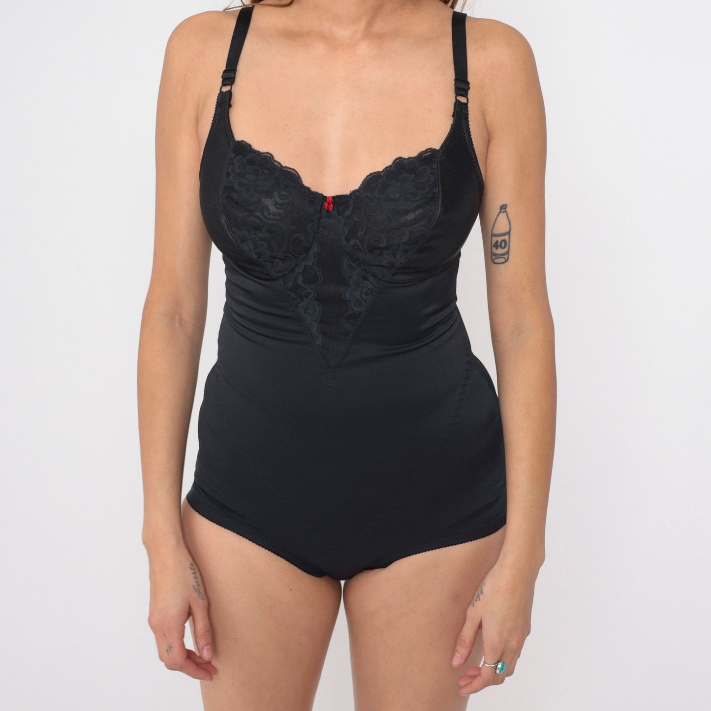 80s Black Lace Shapewear Bodysuit Girdle Underwire Spaghetti Strap 36B