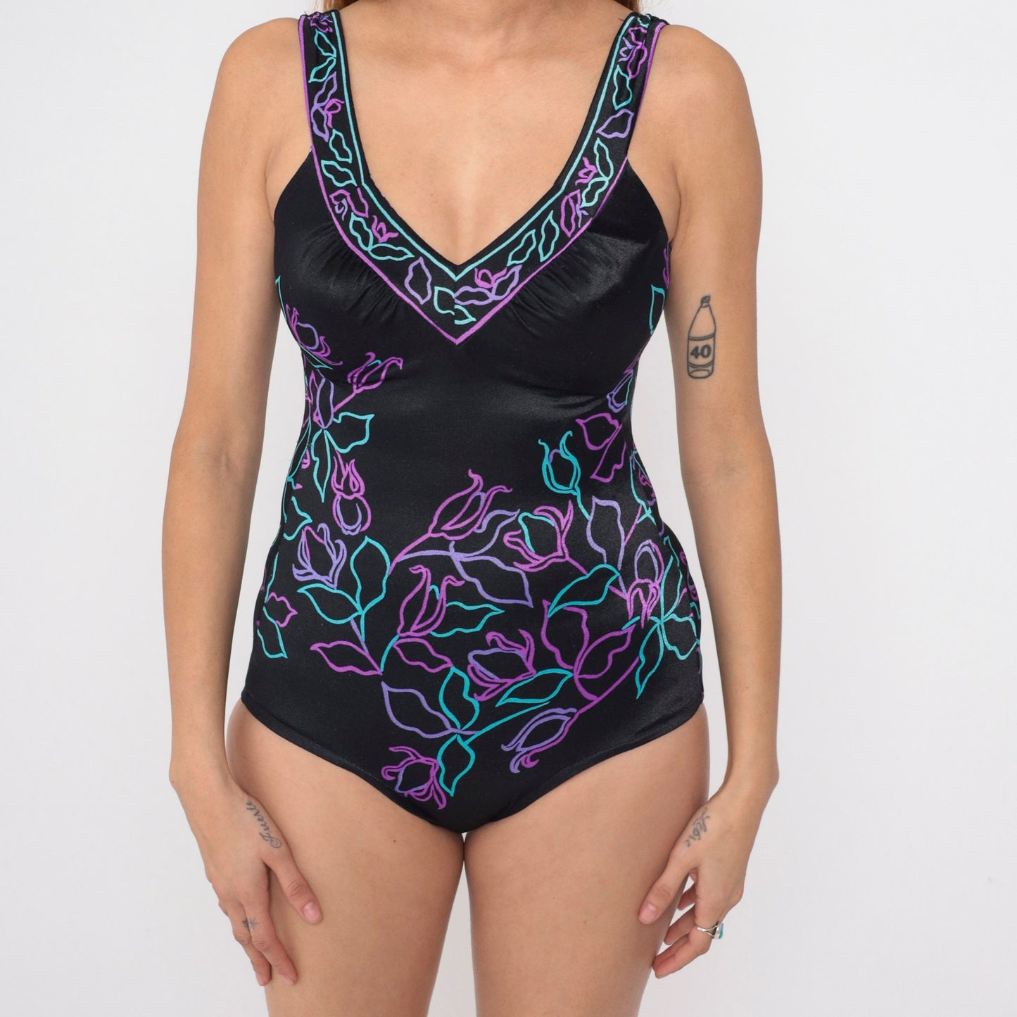 80s Black Floral One-Piece Swimsuit V-Neck Boyleg Medium