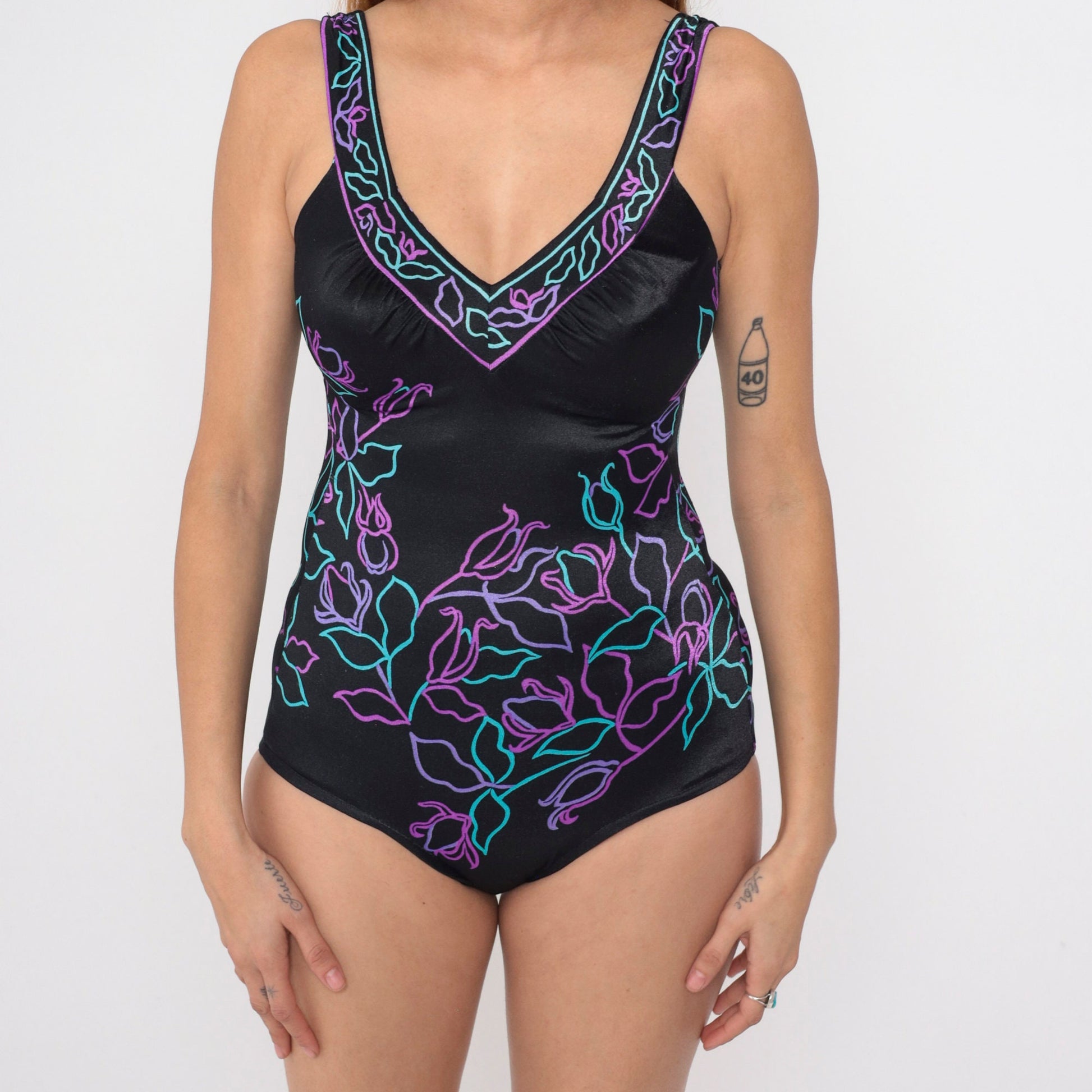 80s Black Floral One-Piece Swimsuit V-Neck Boyleg Medium