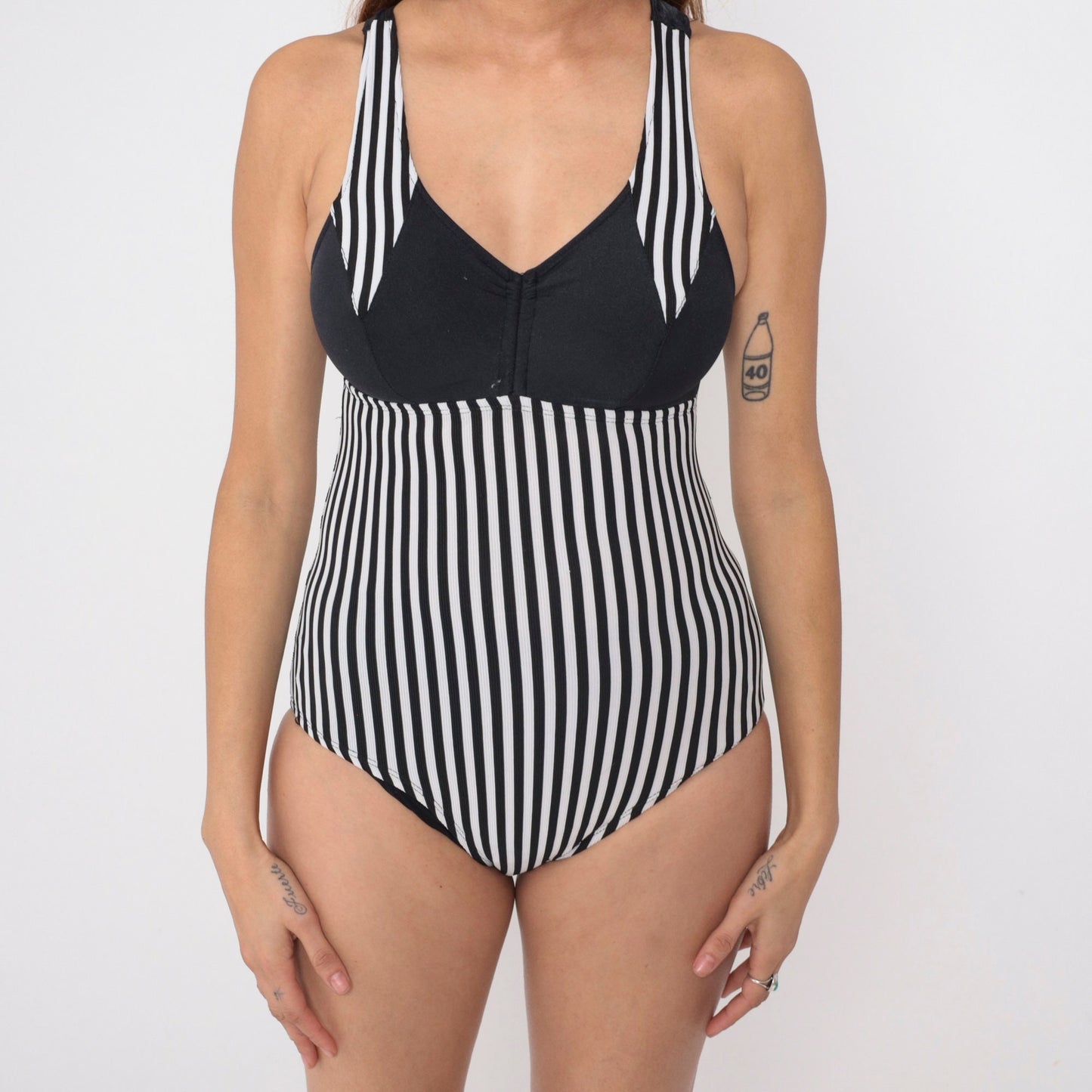 90s Black White Striped One-Piece Swimsuit V-Neck Low Cut Small