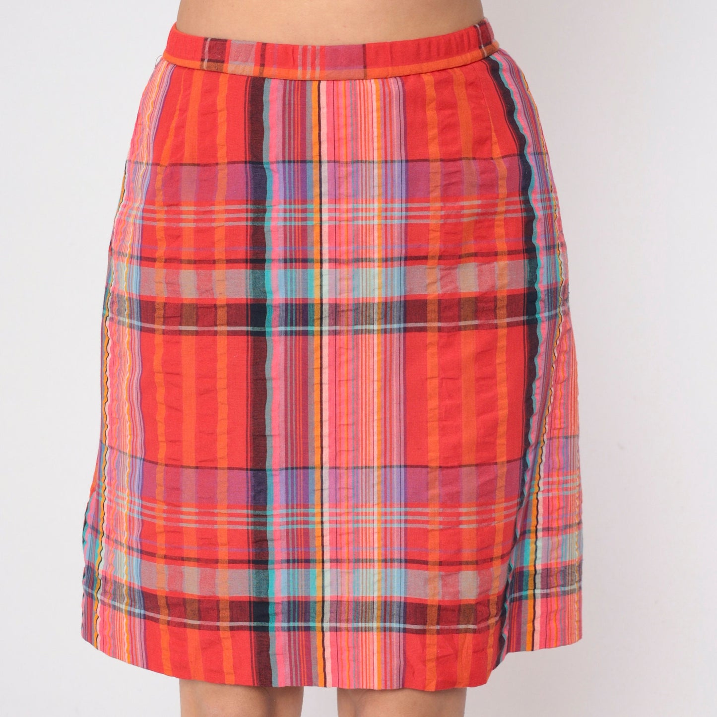 80s Red Plaid Mini Skirt High Waisted Built-In Shorts Slit Medium