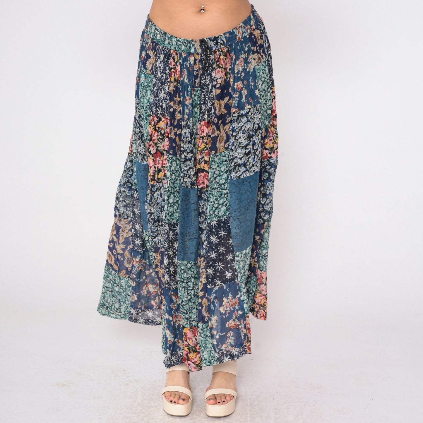 90s Patchwork Floral Maxi Skirt Blue Drawstring Rayon Medium M