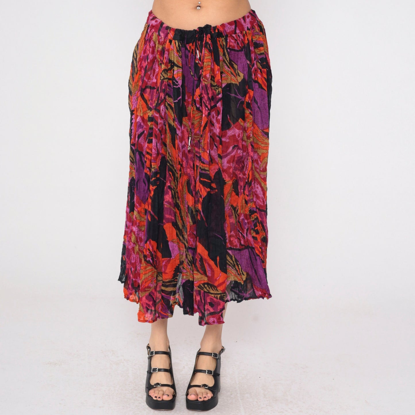 90s Floral Broomstick Midi Skirt Pleated Drawstring Waist Black Purple Red Orange Extra Large