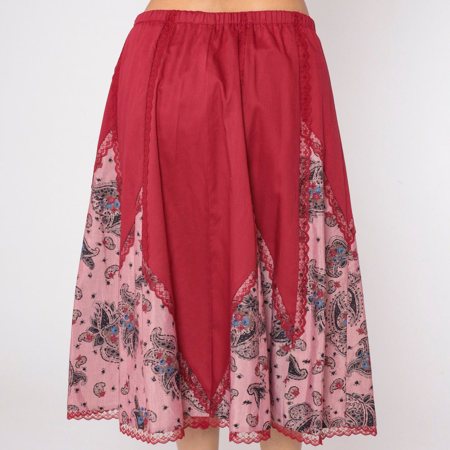 80s Red Paisley Midi Skirt Lace Trim High Waist Elastic Cotton Large