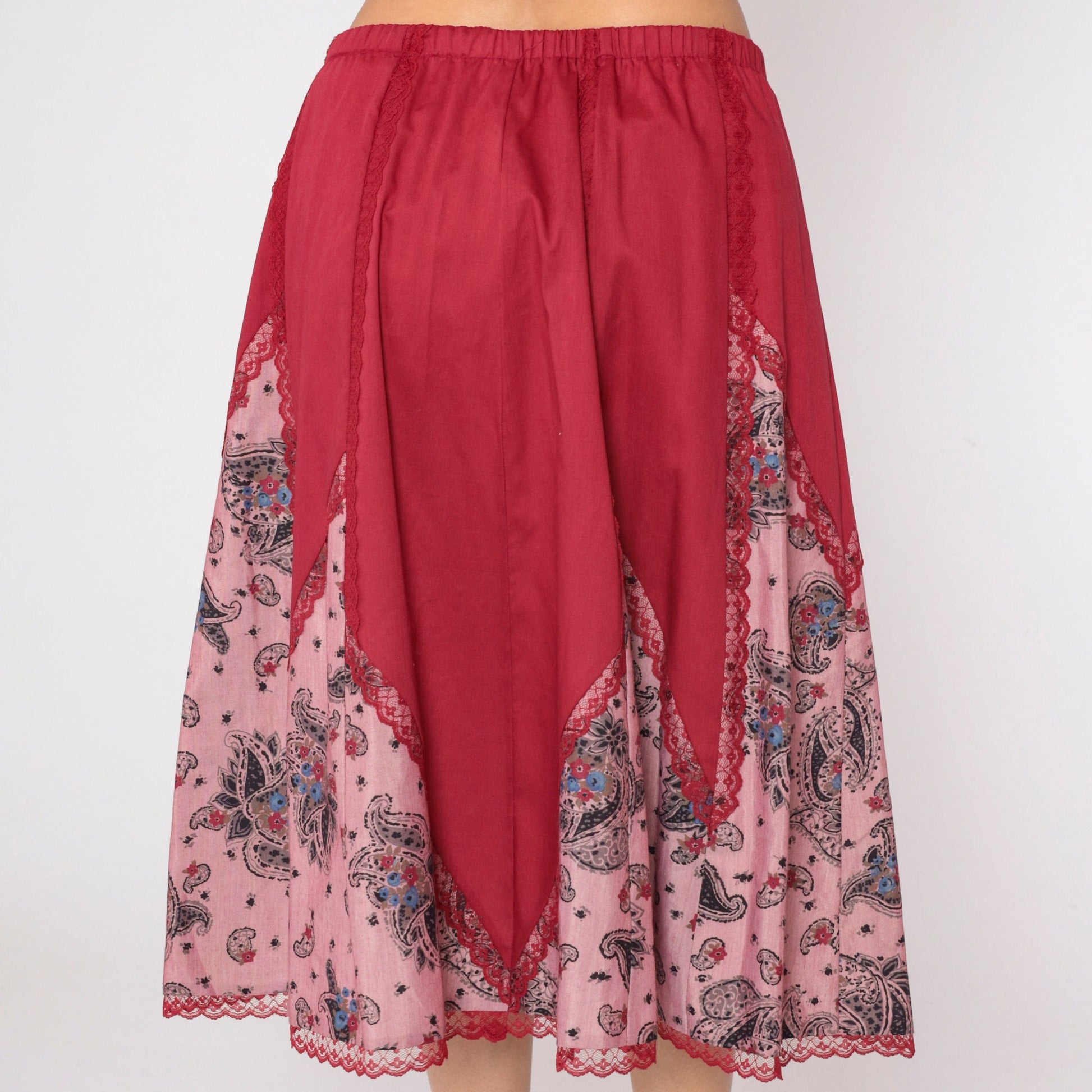 80s Red Paisley Midi Skirt Lace Trim High Waist Elastic Cotton Large
