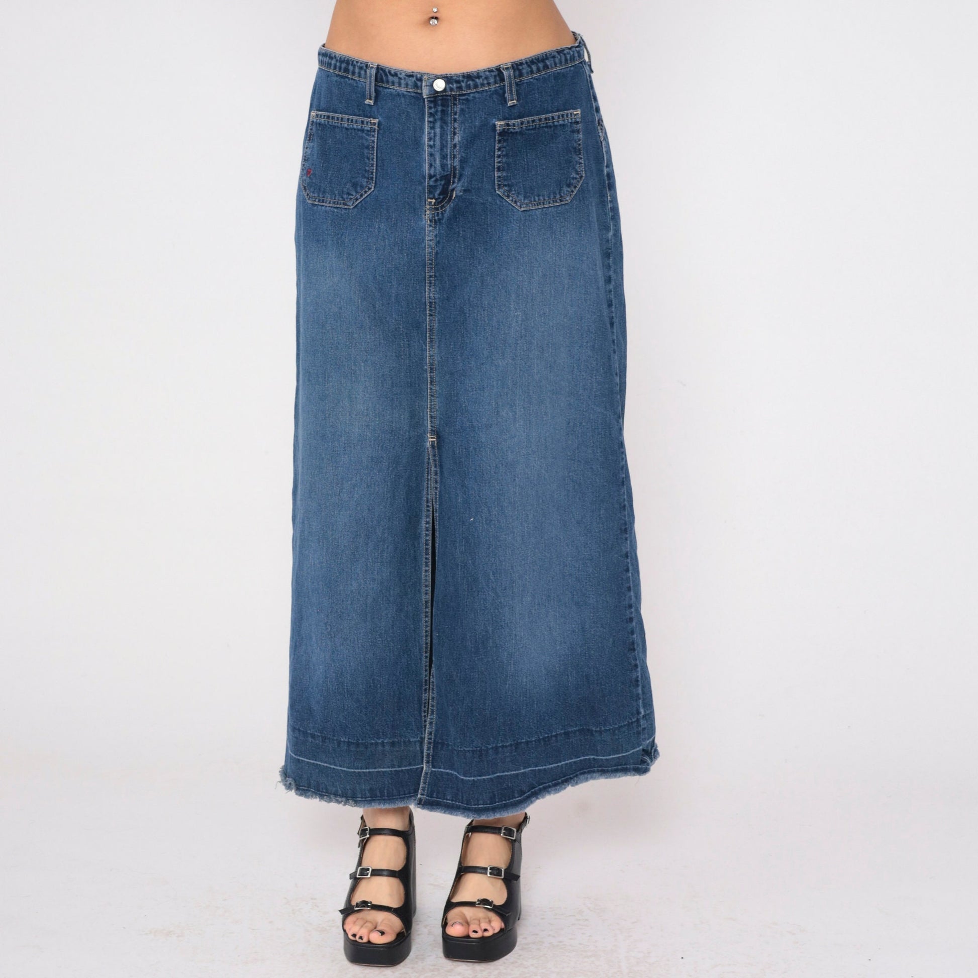 Y2K Roxy Low Rise Denim Maxi Skirt Blue Front Slit Large