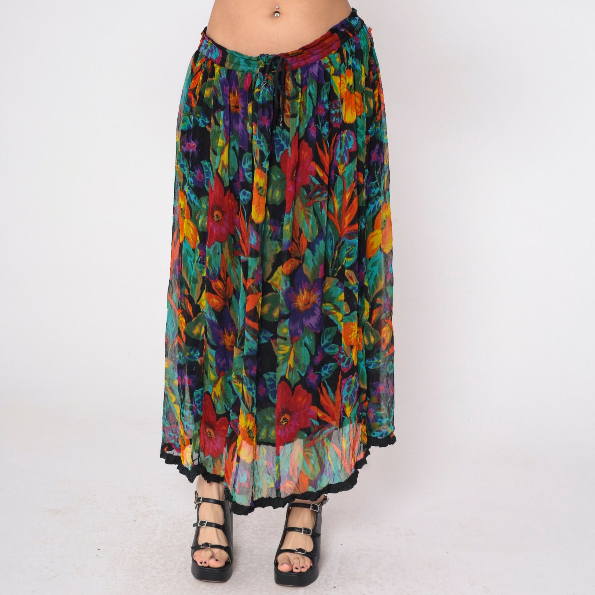 90s Tropical Floral Maxi Skirt Pleated Drawstring Waist Cotton Small Medium Large