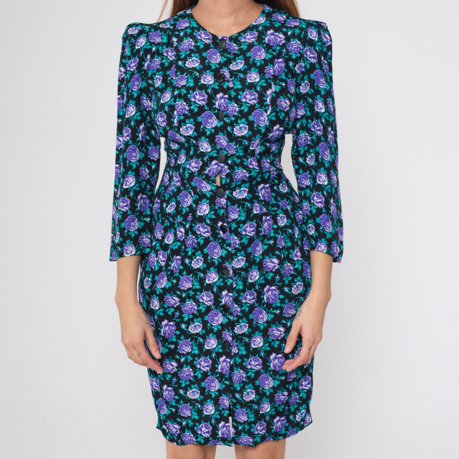 90s All That Jazz Black Floral Mini Dress Puff Sleeve Button-Up Small S