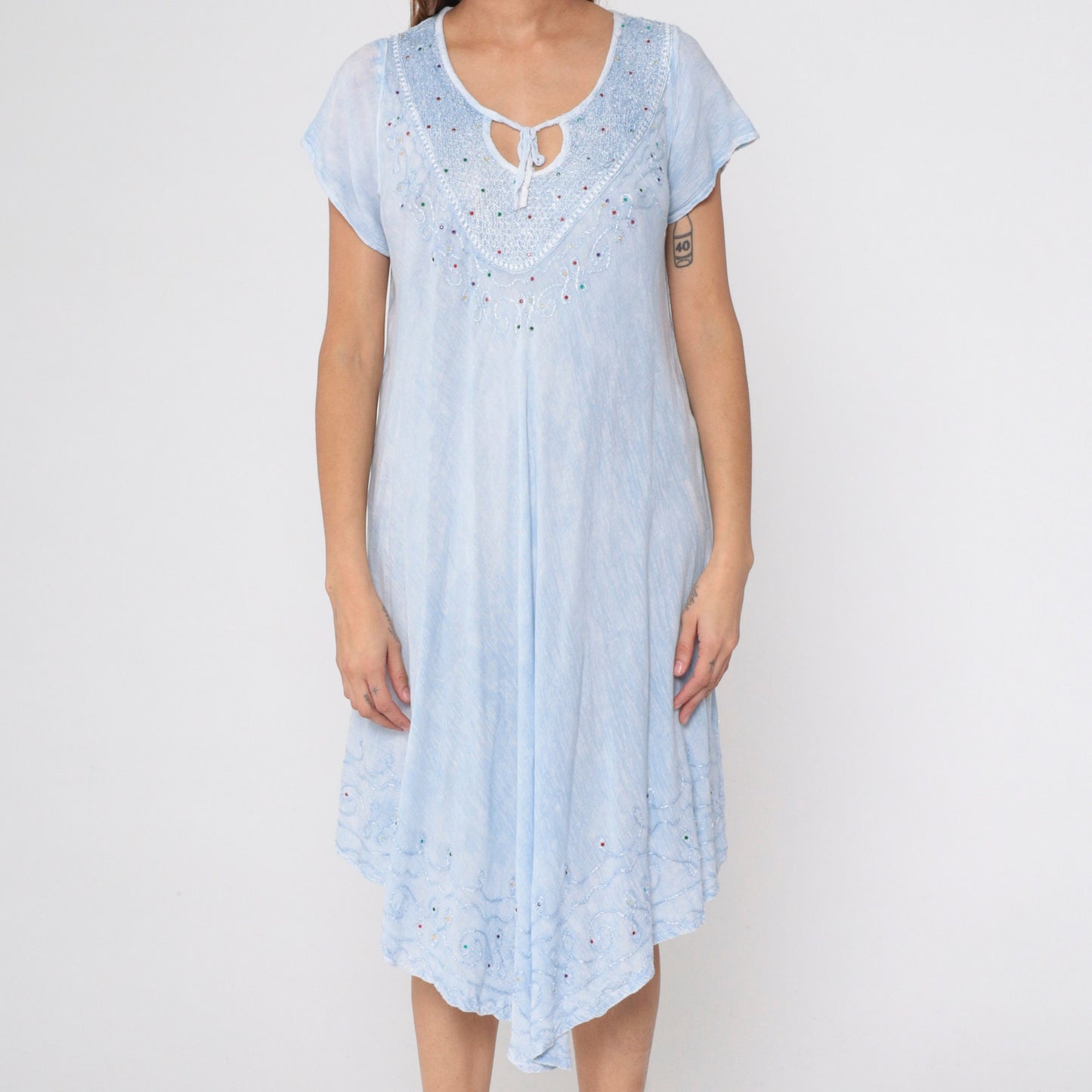 Y2K Tie Dye Baby Blue Midi Dress Rhinestone Embroidered Keyhole Neck