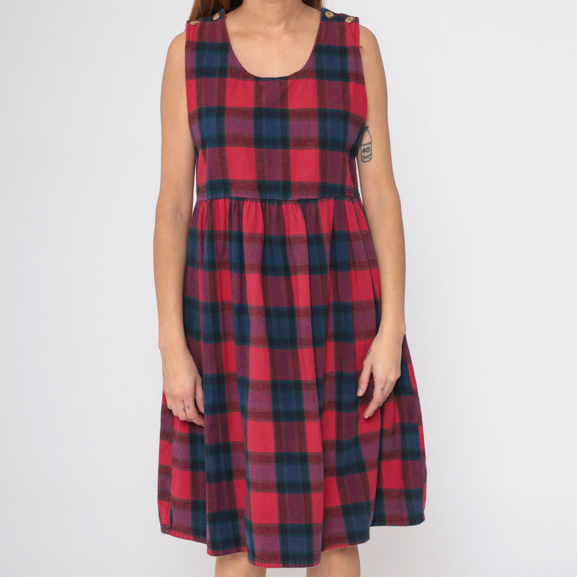 90s Plaid Midi Jumper Dress Button Straps Empire Waist Red Blue Checkered Small