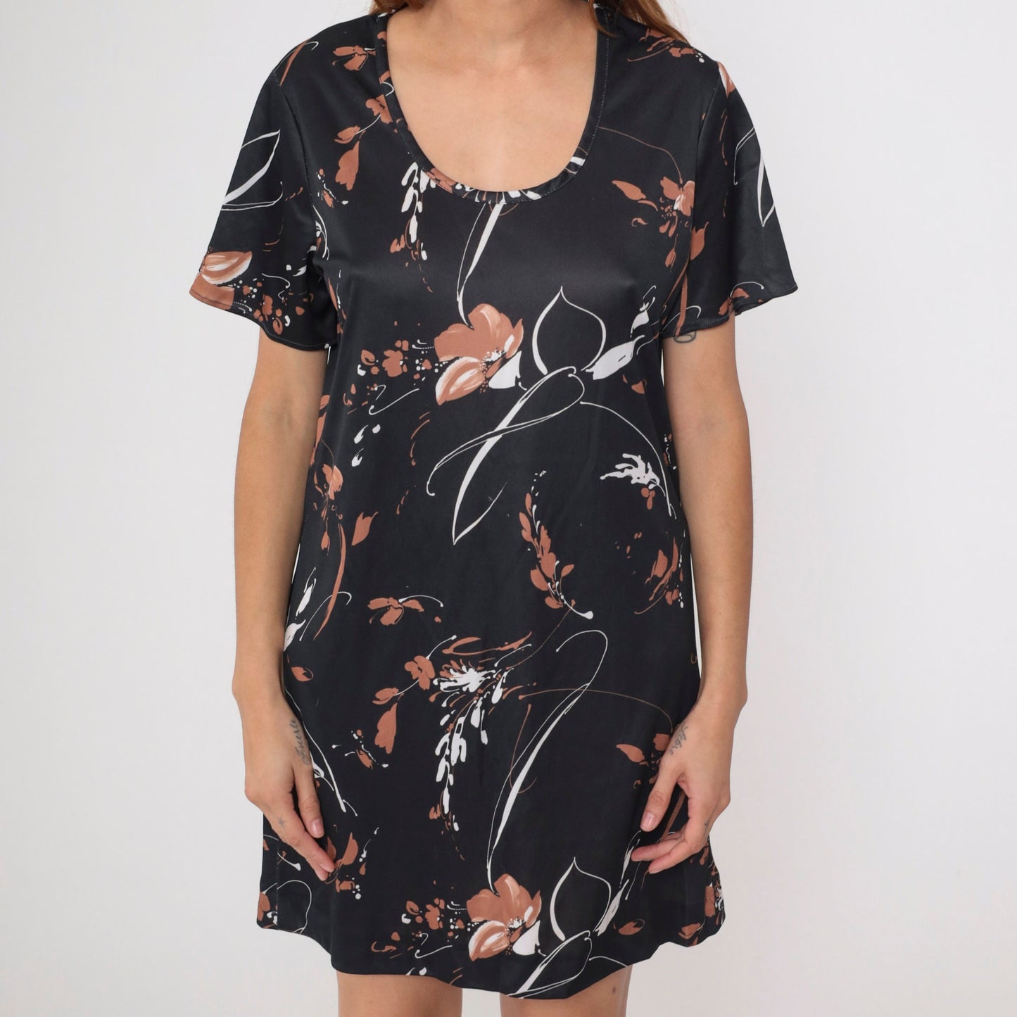 70s Black Floral Abstract Shift Dress Mini Scoop Neck Short Sleeve Medium Large