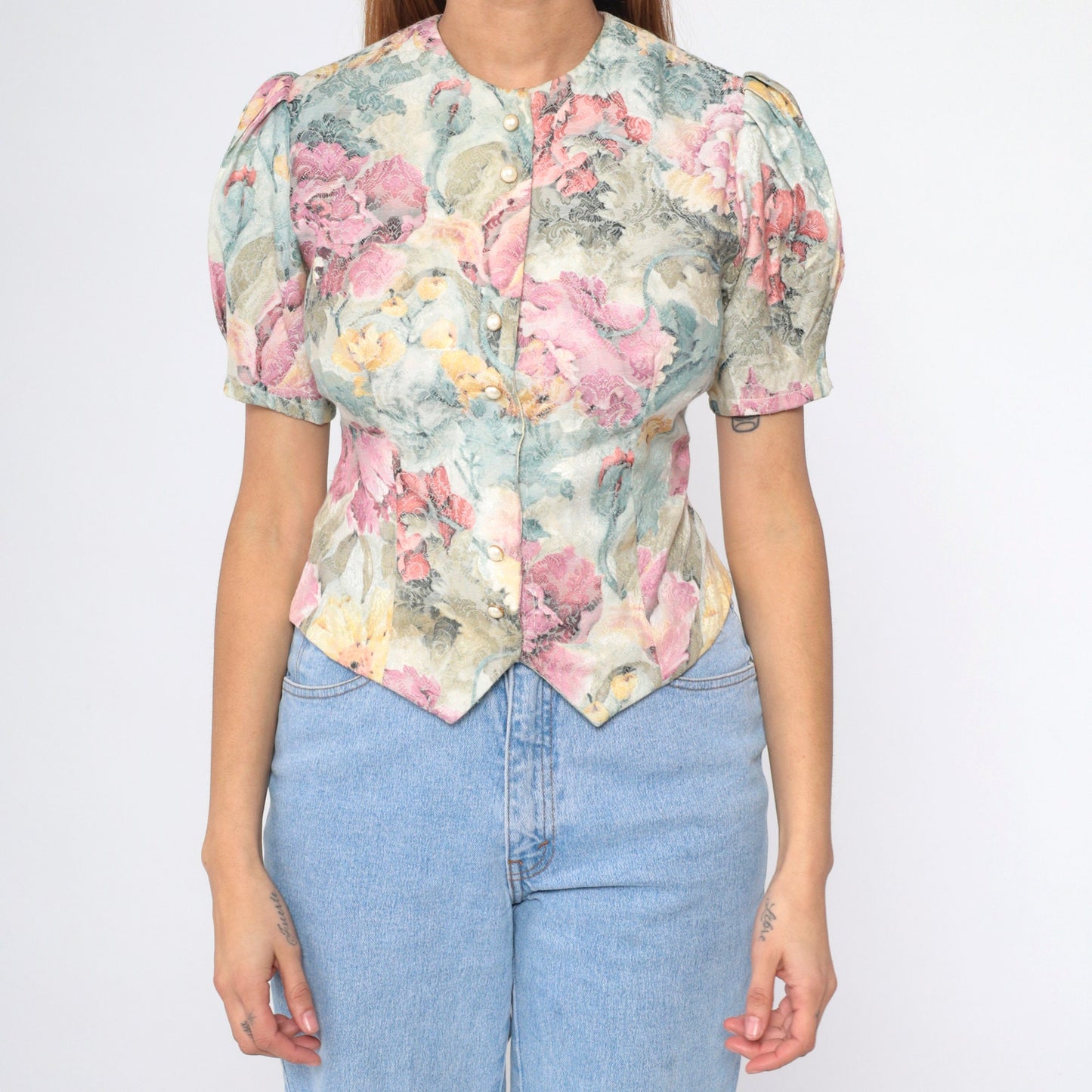 80s Damask Floral Button-Up Blouse Lavender Puff Sleeve Pearl Buttons Small