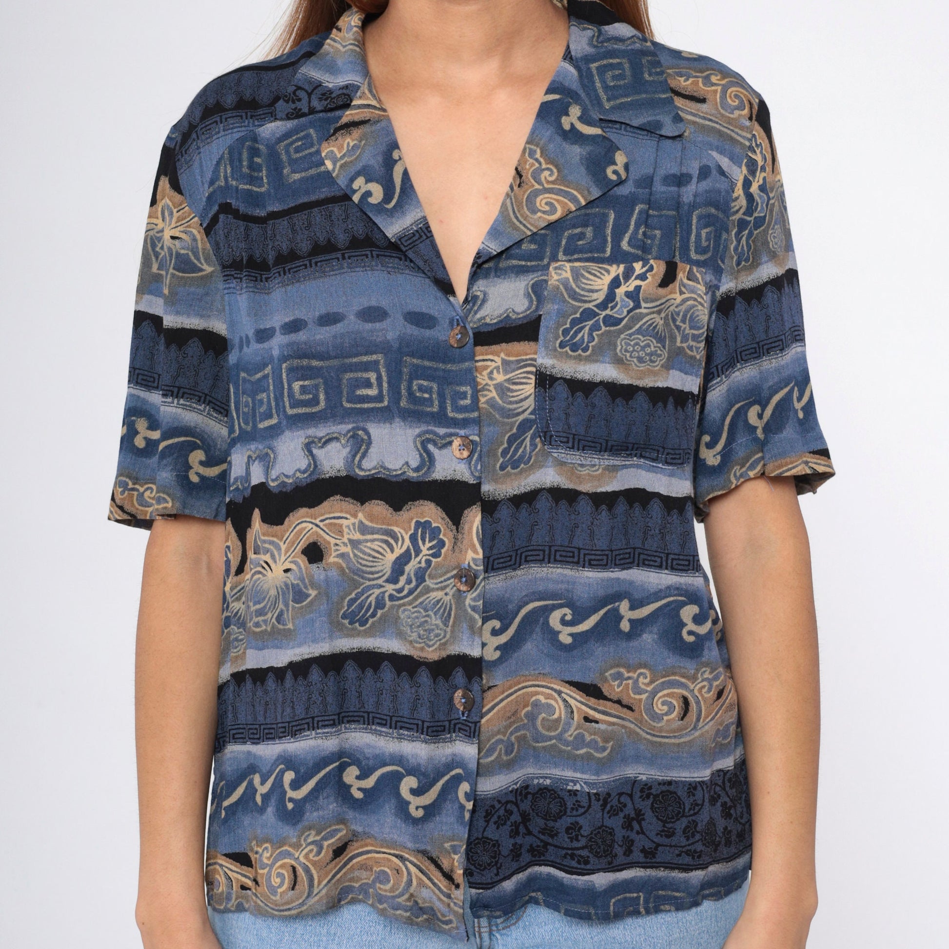 90s Carol Little Striped Floral Greek Key Button Up Blouse Blue Small