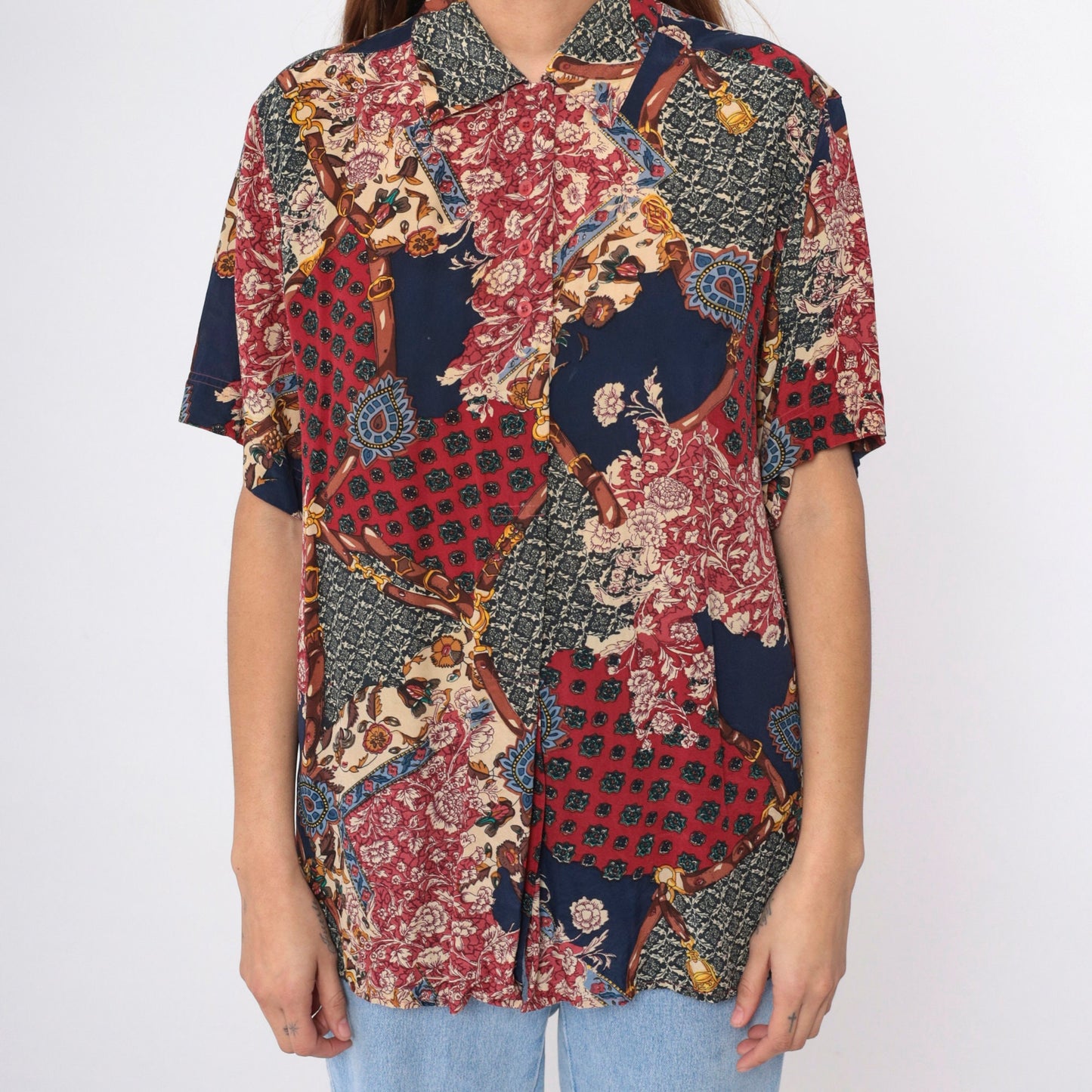 90s Amanda Italy Silk Blouse Patchwork Floral Equestrian Print Navy Medium