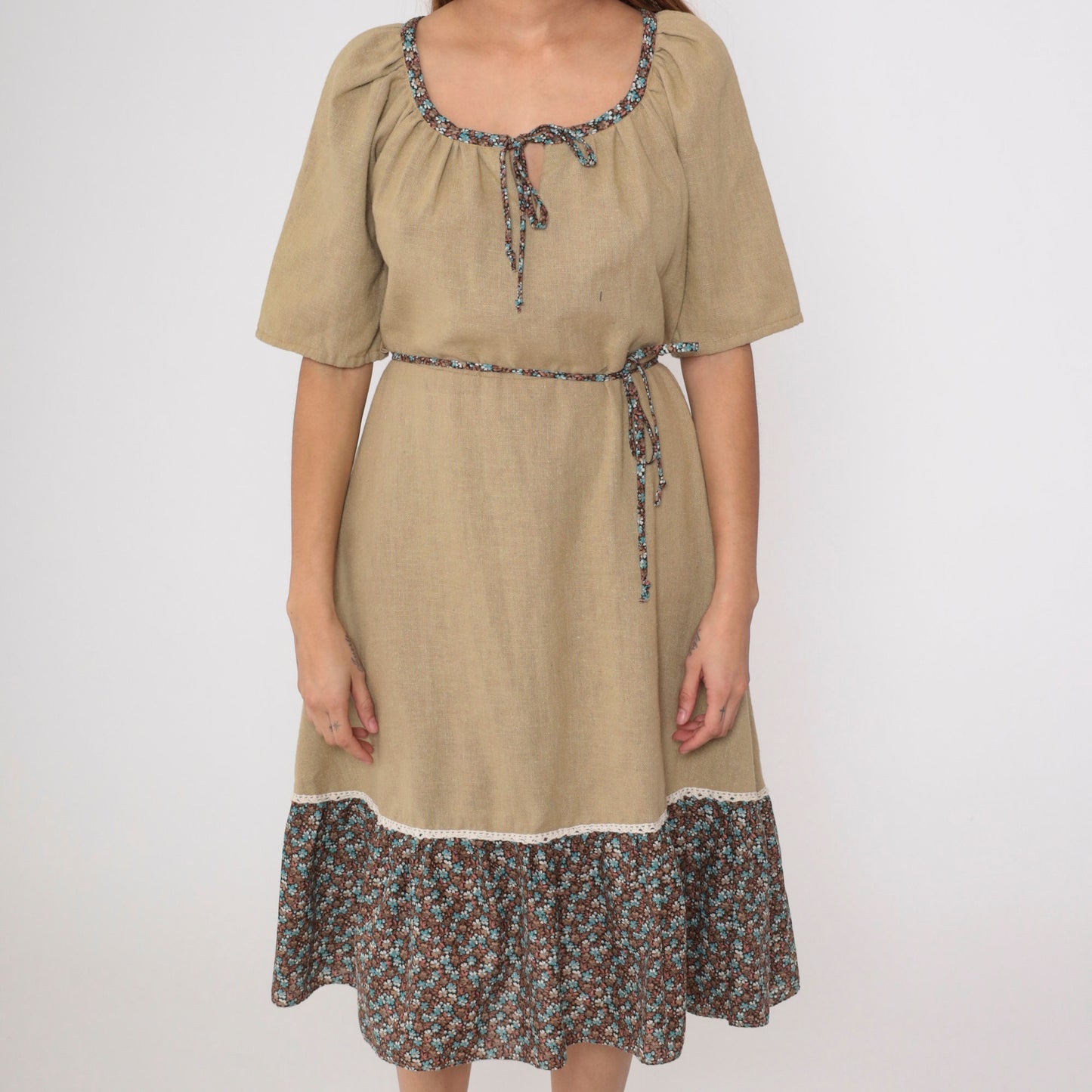 70s Floral Peasant Dress Olive Brown Midi Keyhole Bow Tie Waist Medium