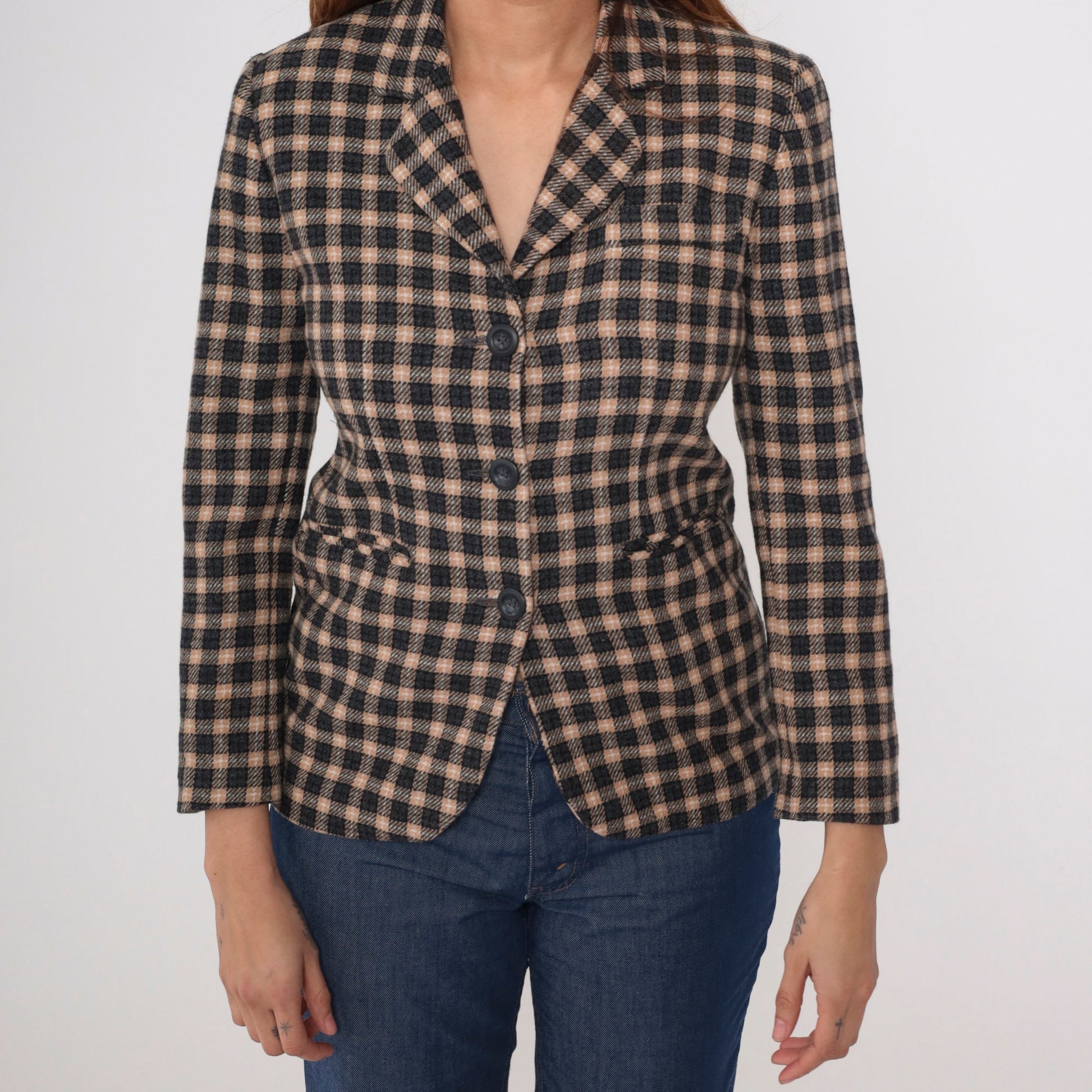 90s Petite Sophisticate Black Tan Checkered Wool Blazer Button-Up Jacket Extra Small
