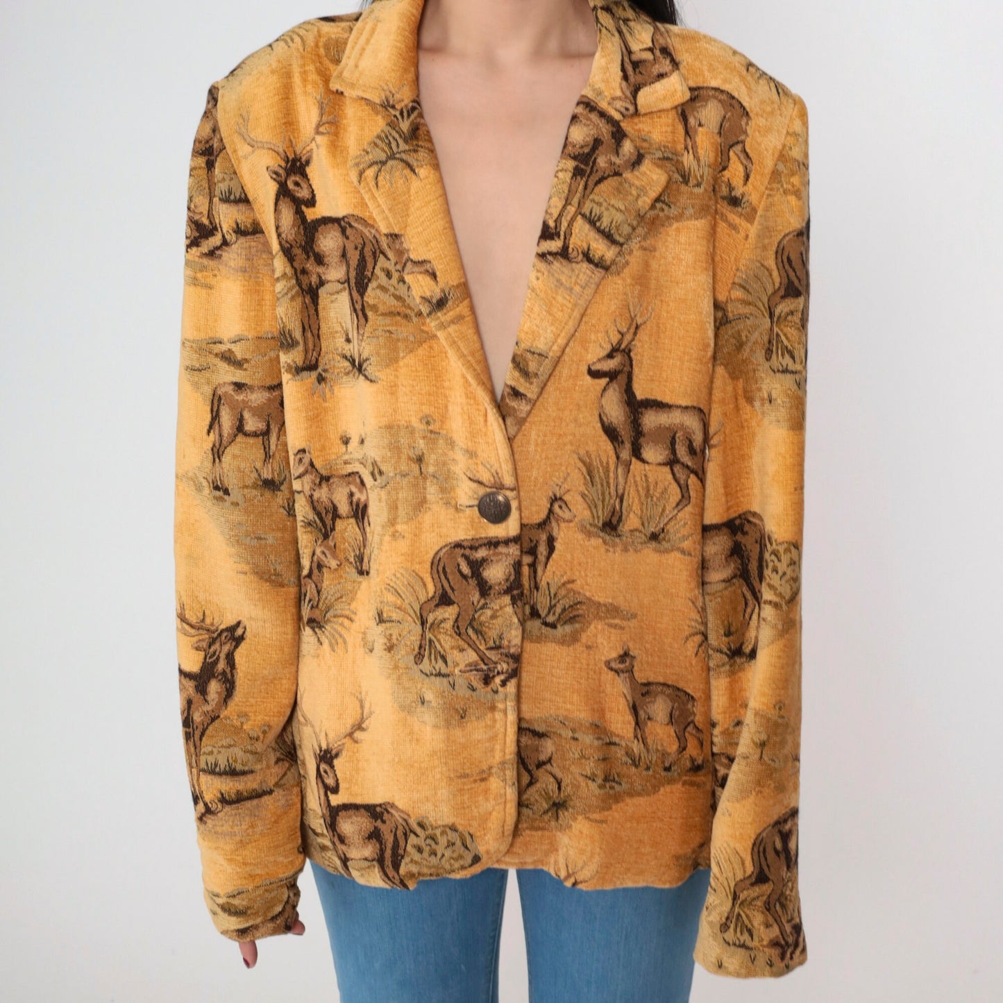 90s Solei Deer Jacket Single Button Blazer Woven Animal Print Large L
