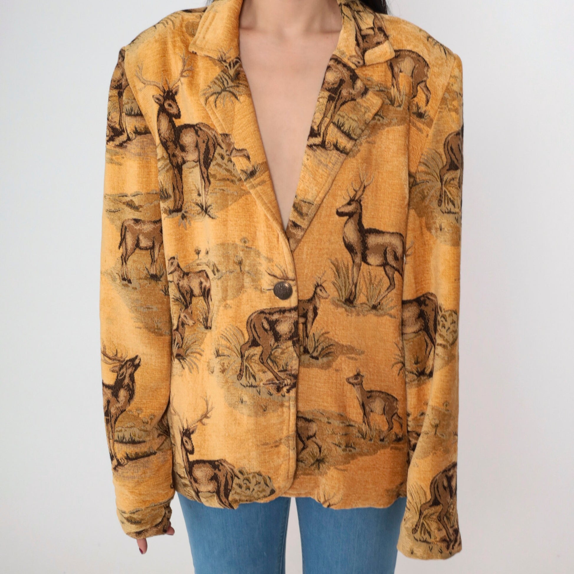 90s Solei Deer Jacket Single Button Blazer Woven Animal Print Large L