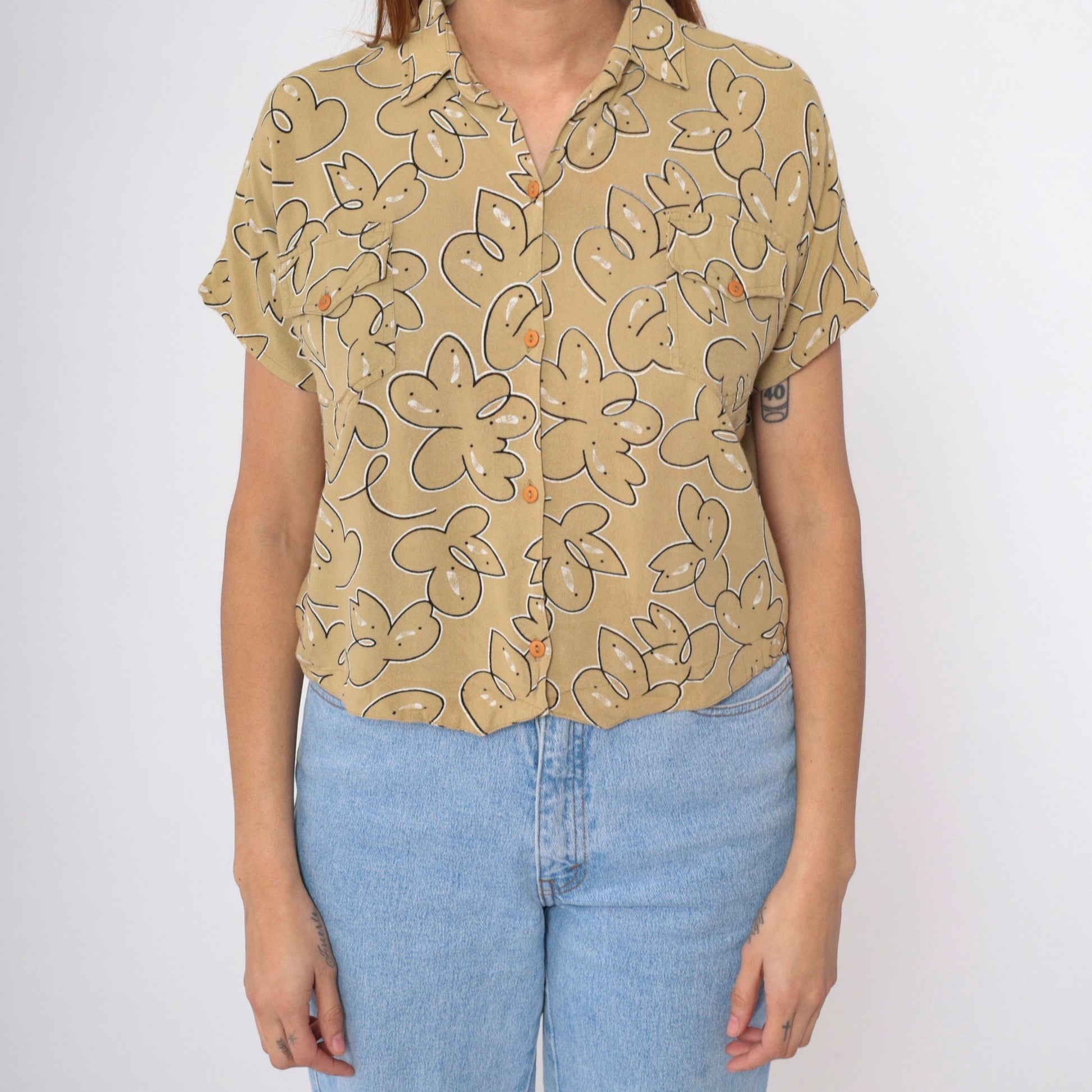 90s Abstract Floral Button-Up Blouse Mustard Short Sleeve Medium