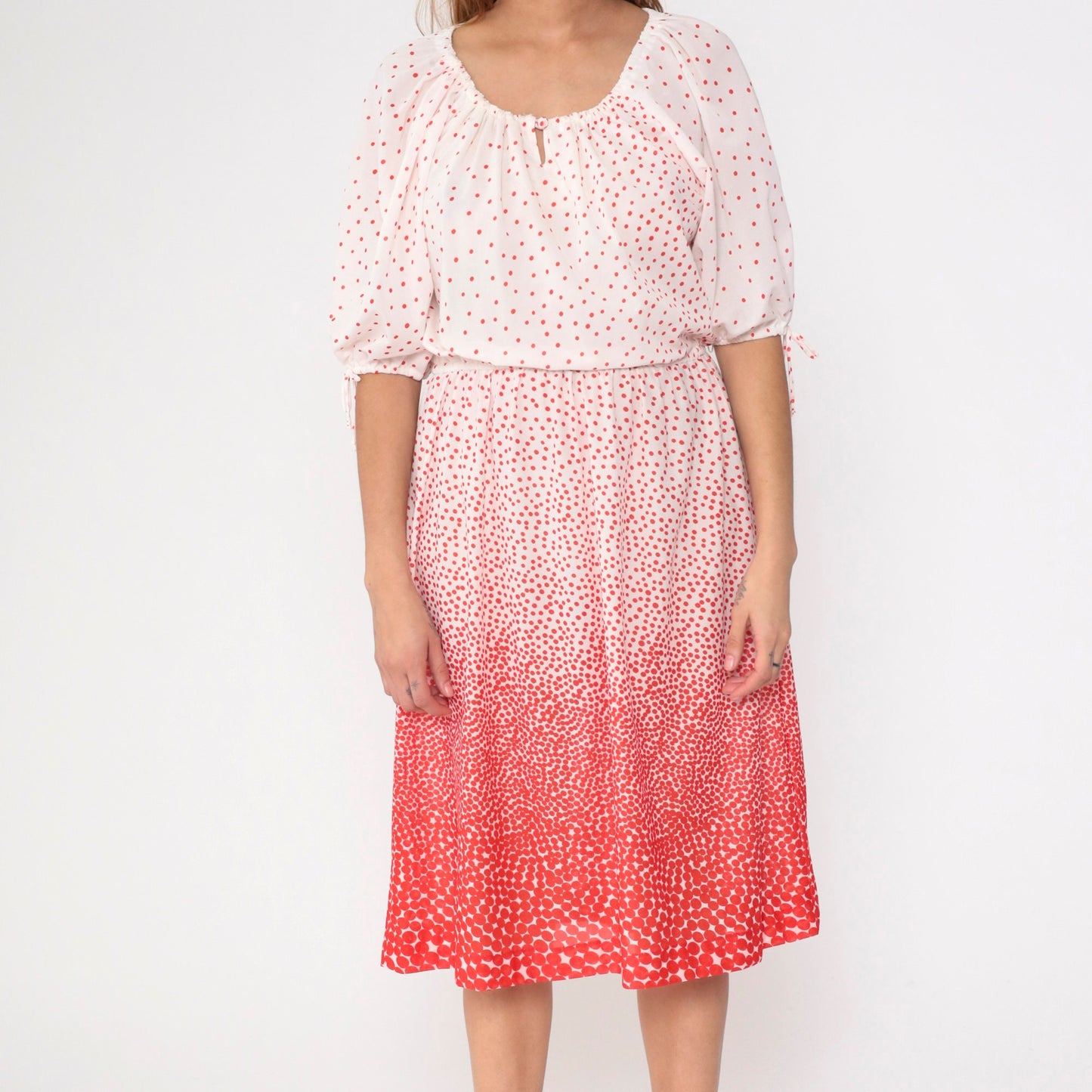 70s Peasant Dress Polka Dot Red White Midi Keyhole Neck Medium