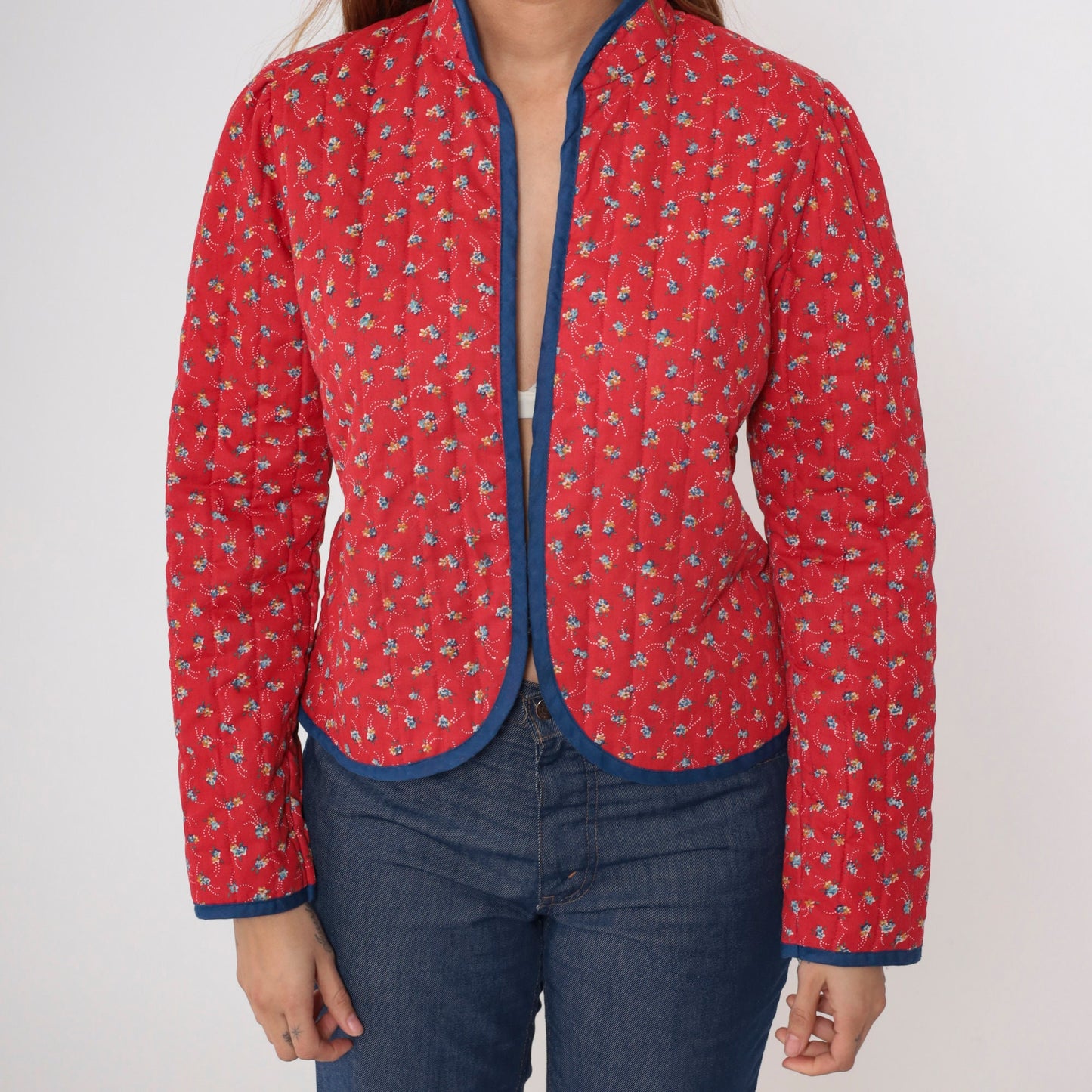70s Fritzi Quilted Jacket Red Calico Floral Puff Sleeve Mandarin Collar Medium