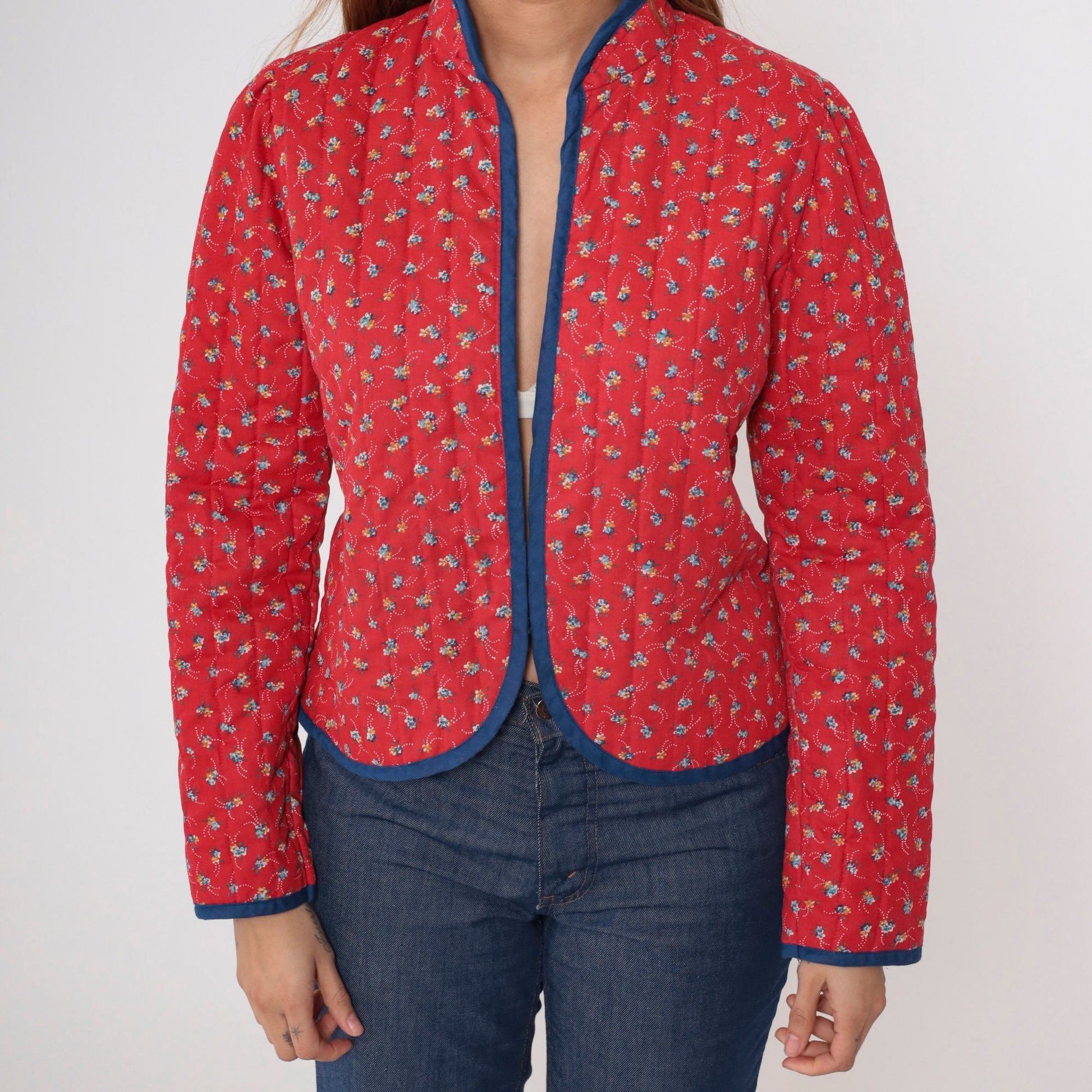 70s Fritzi Quilted Jacket Red Calico Floral Puff Sleeve Mandarin Collar Medium