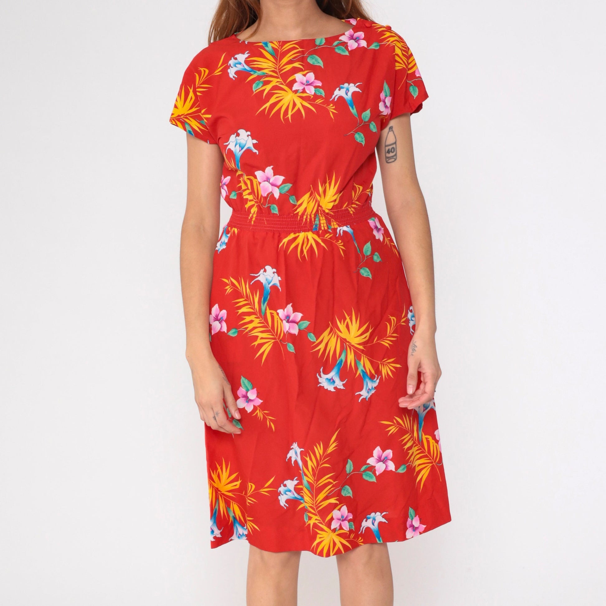80s Hilo Hatties Tropical Floral Midi Dress Red High Waist Short Sleeve Small Medium