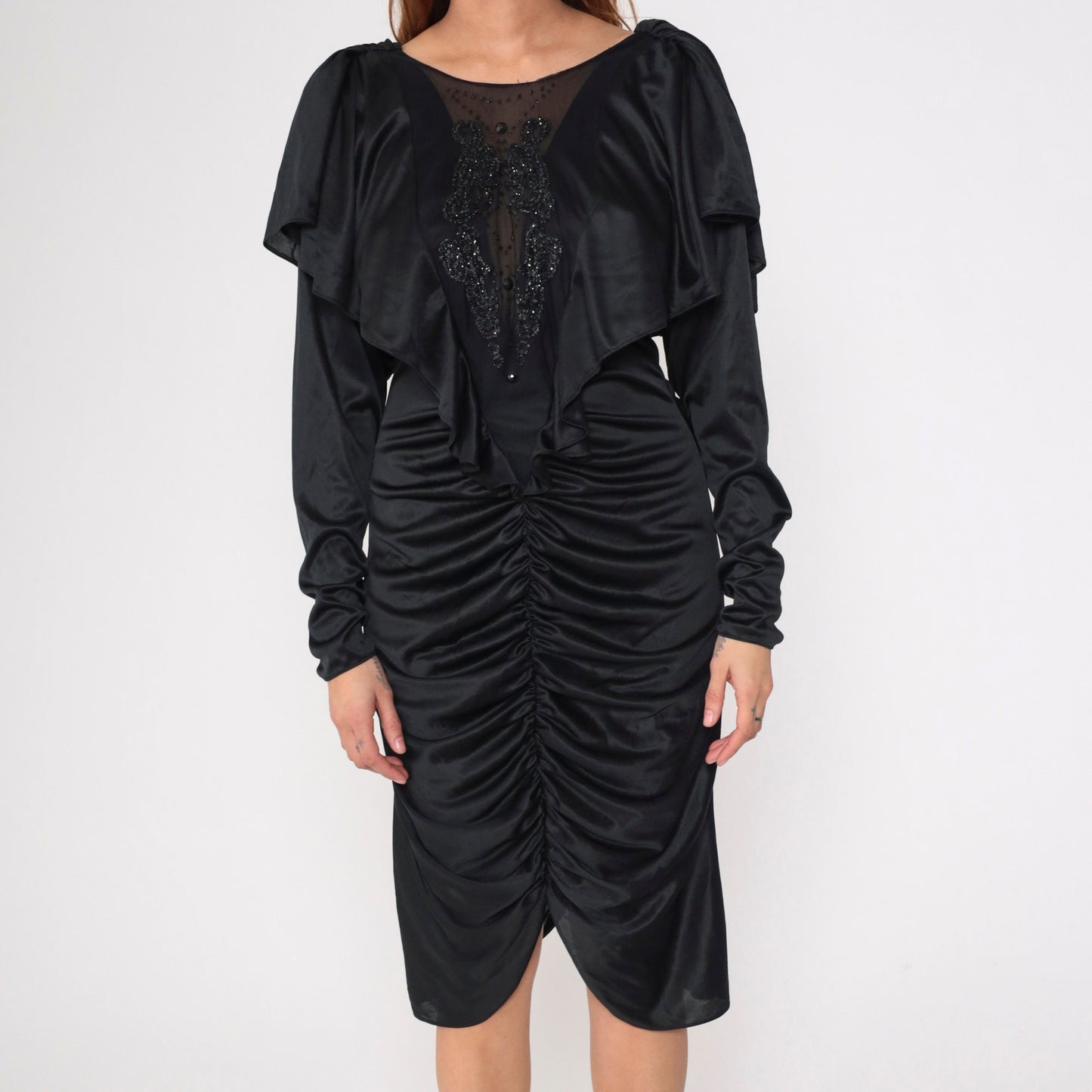 80s Black Beaded Midi Dress Cape Sleeve Open Back Ruched Medium
