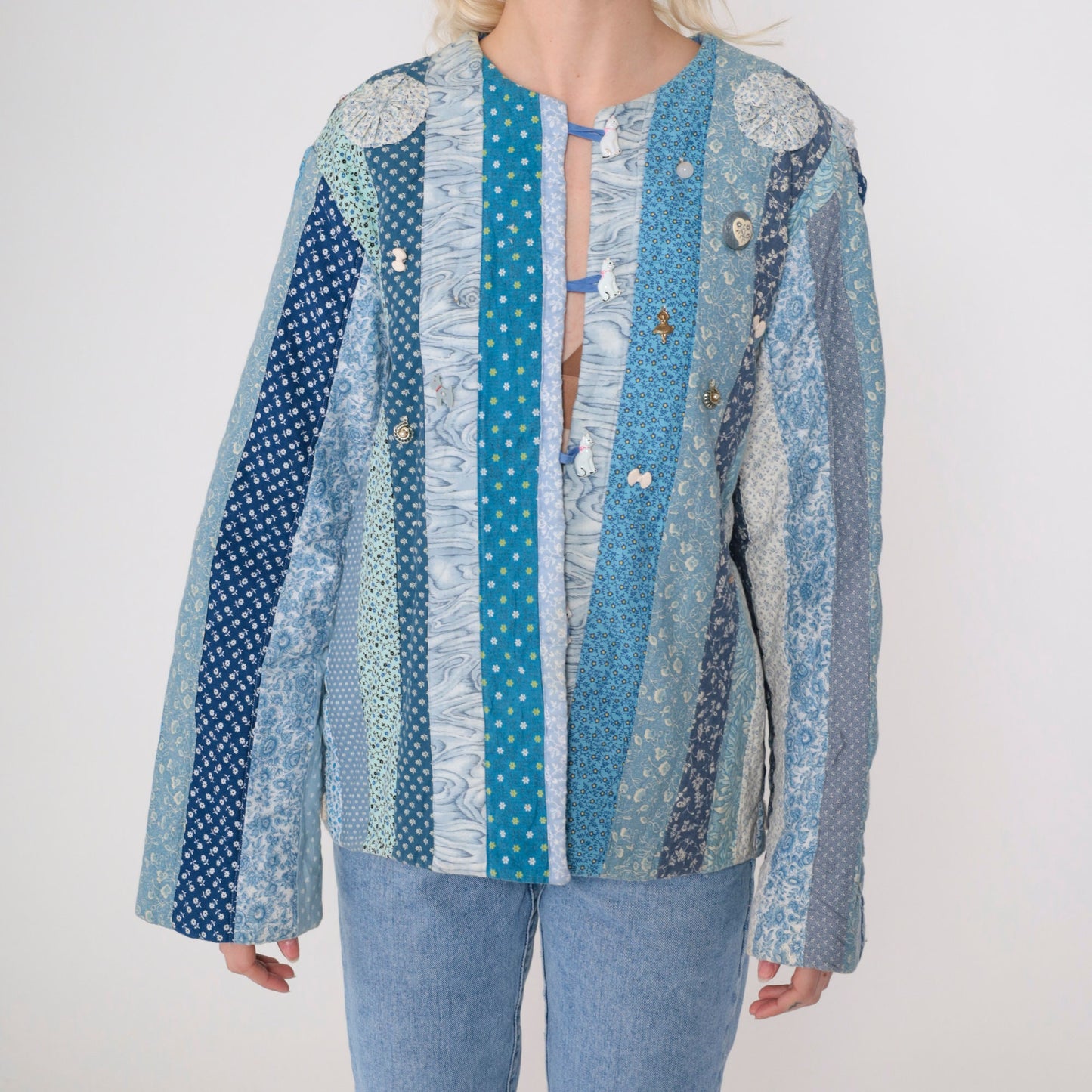 90s Patchwork Jacket Floral Quilt Blue Girl Cat Dog Button Charm Large L