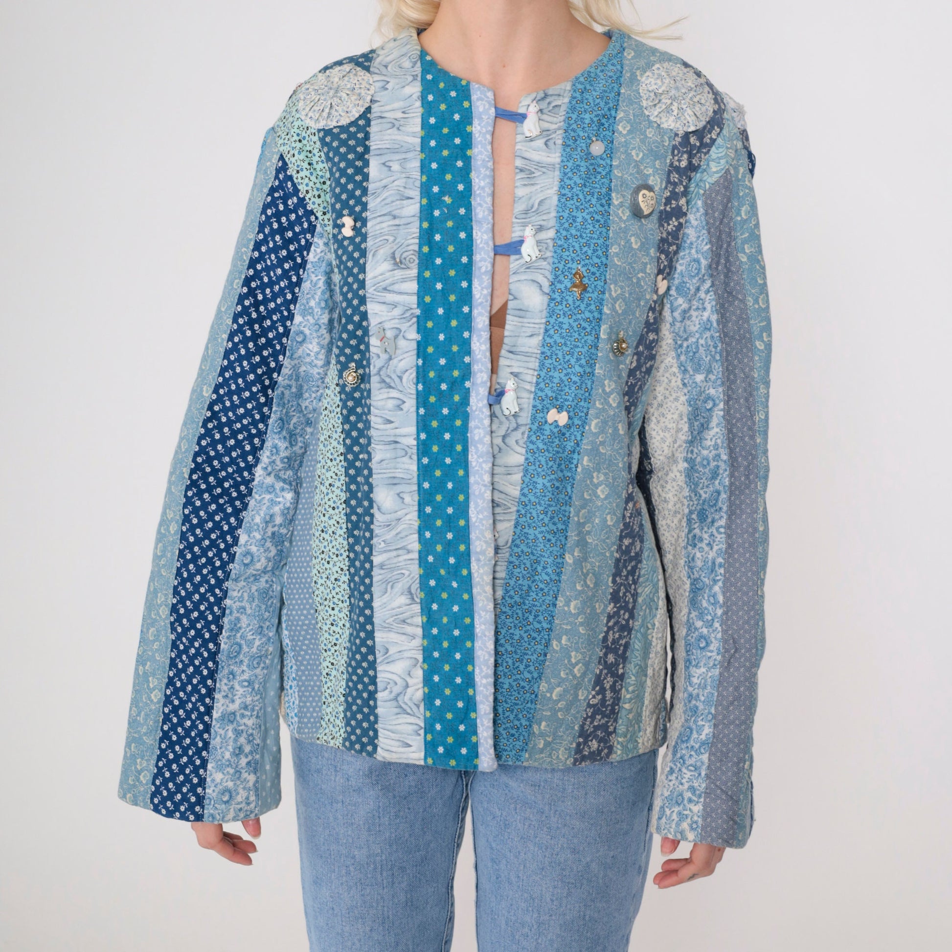 90s Patchwork Jacket Floral Quilt Blue Girl Cat Dog Button Charm Large L