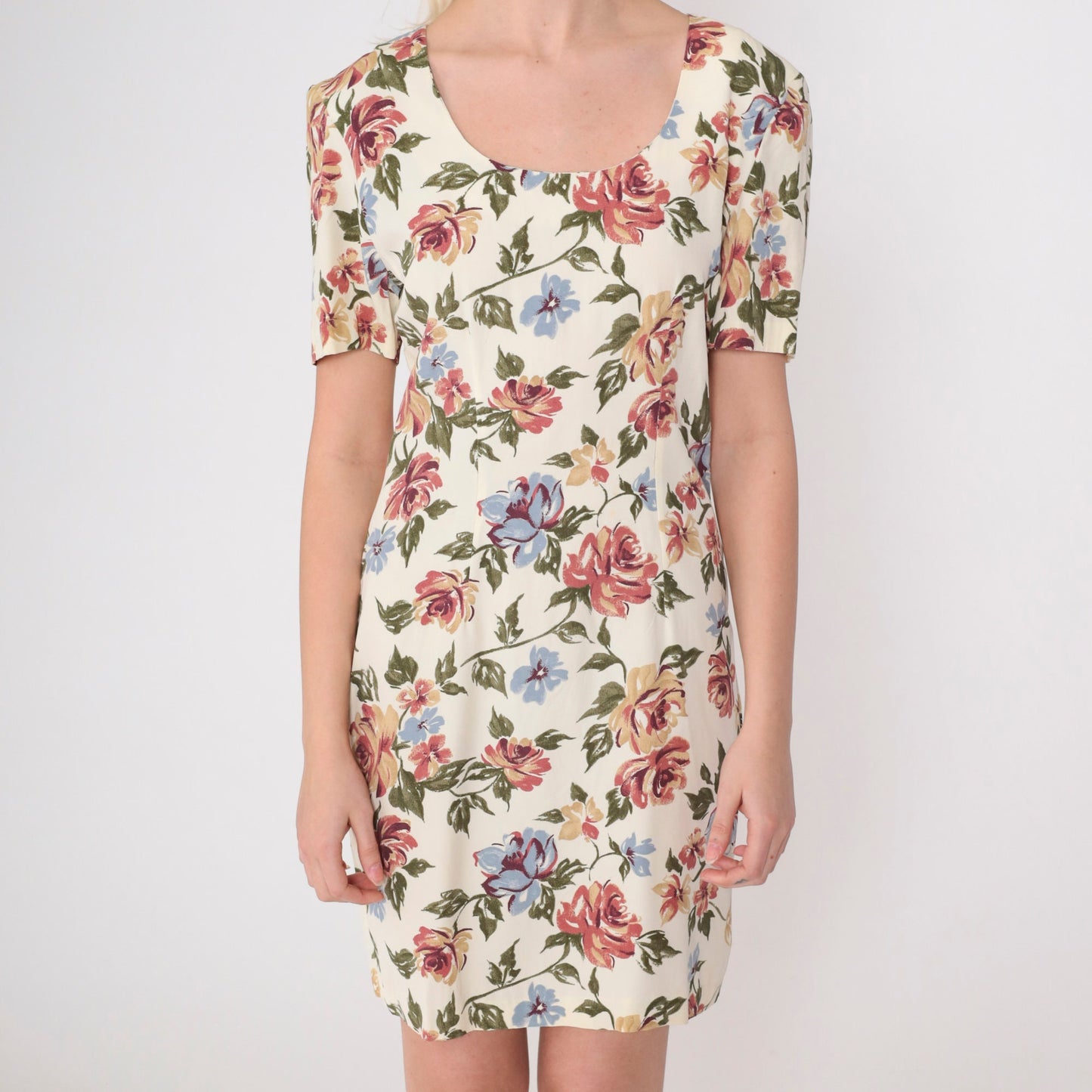 90s Pale Yellow Floral Mini Dress Scoop Neck Short Sleeve Small