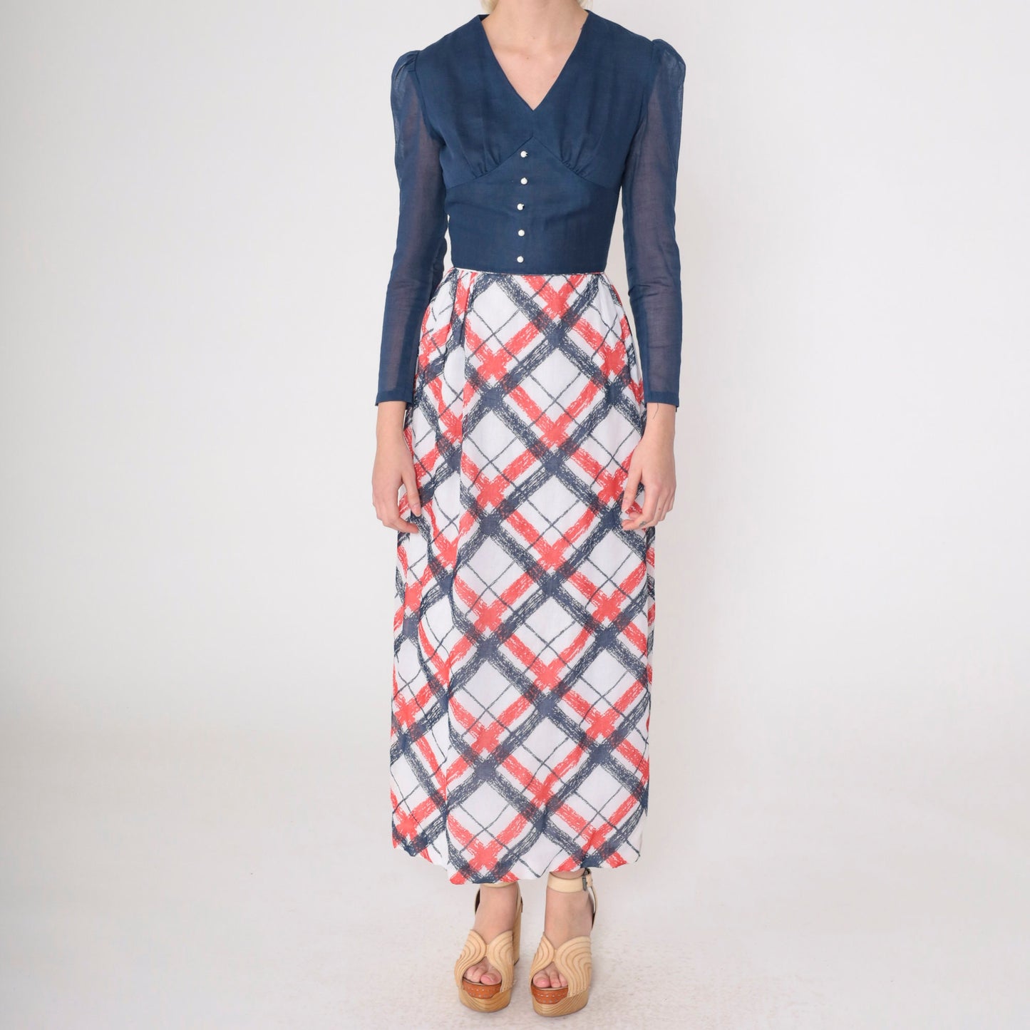 70s Checkered Maxi Dress Puff Sleeve High Waist Dark Blue Red White XXS