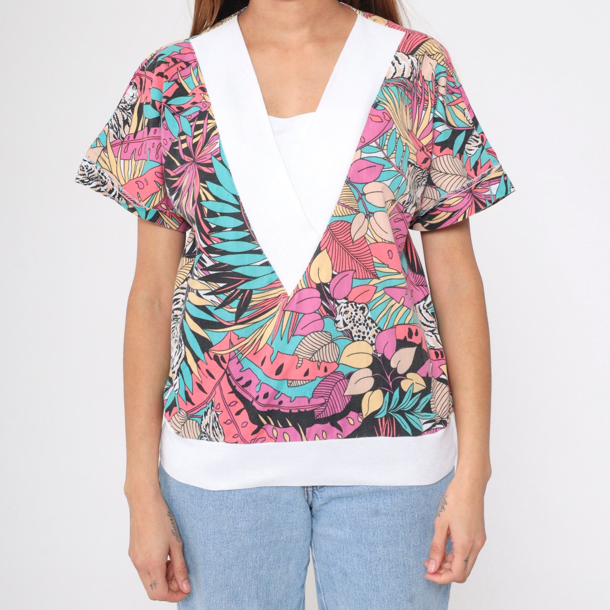 80s Jungle Animal Print V-Neck Shirt Tiger Leopard Safari Top Medium