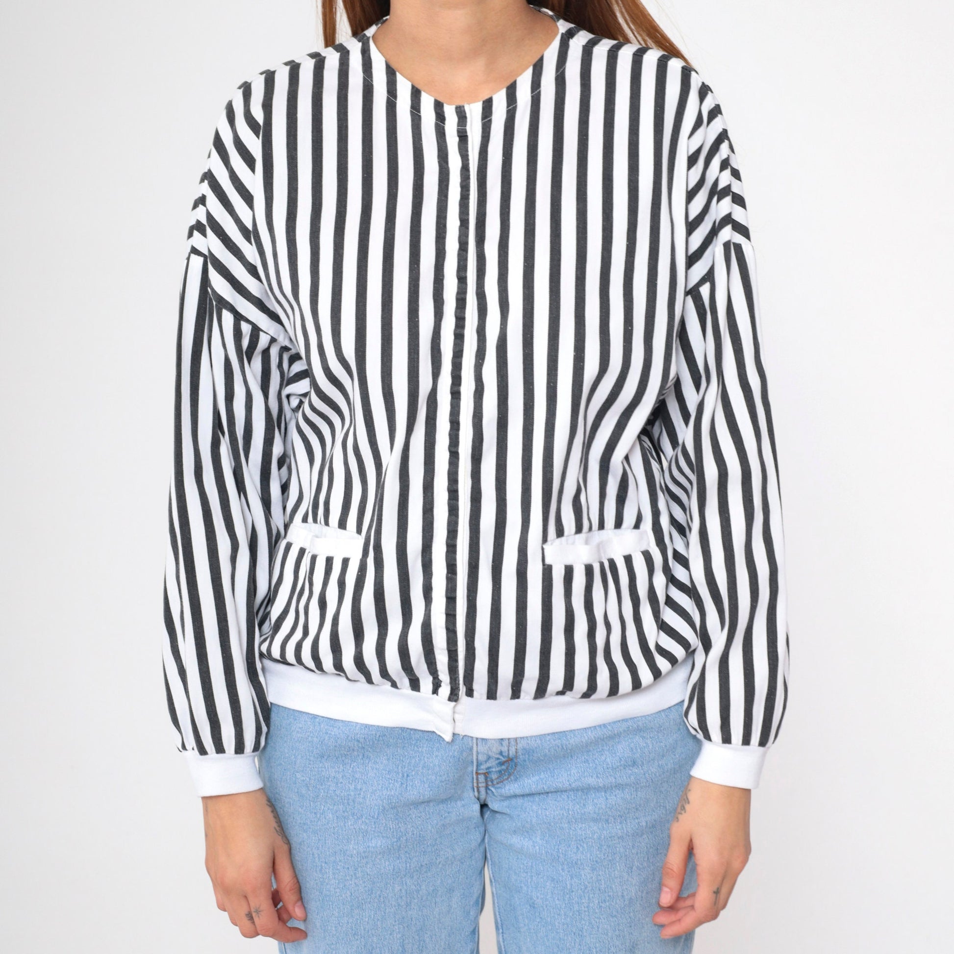 80s Black White Striped Cotton Shacket Hidden Snap Jacket Medium
