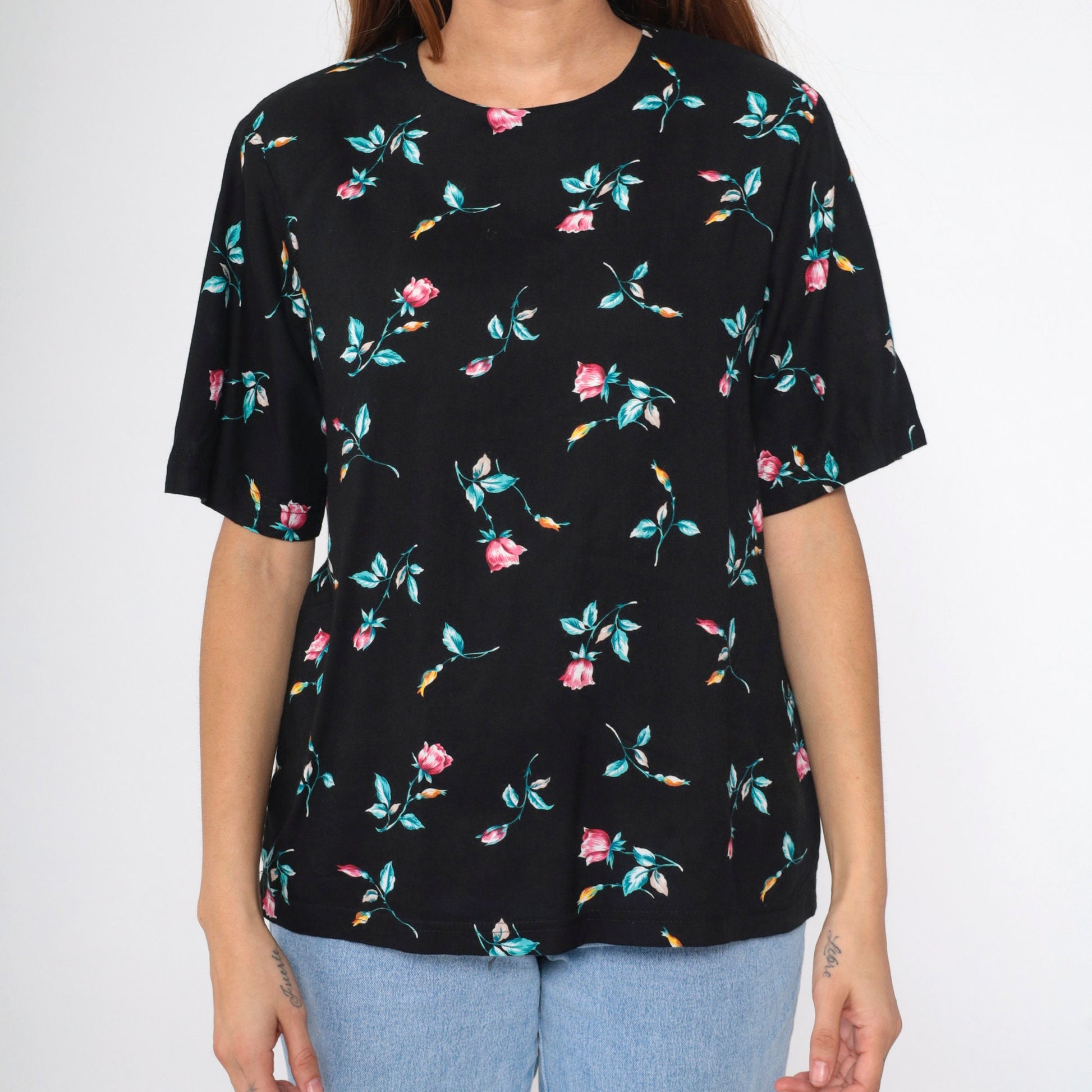 90s Black Floral Rayon Blouse Short Sleeve Rose Print Shirt Medium