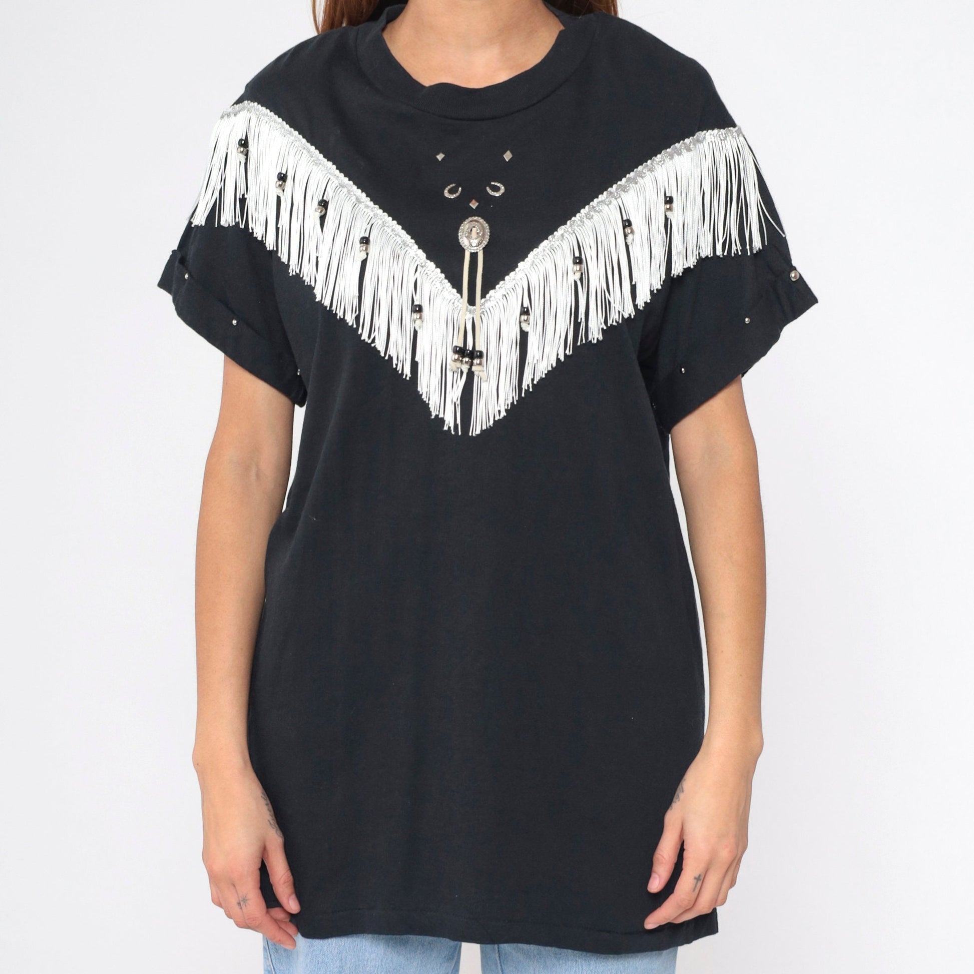 90s Southwest Fringe T-Shirt Black Studded Horseshoe Concho Cotton Medium