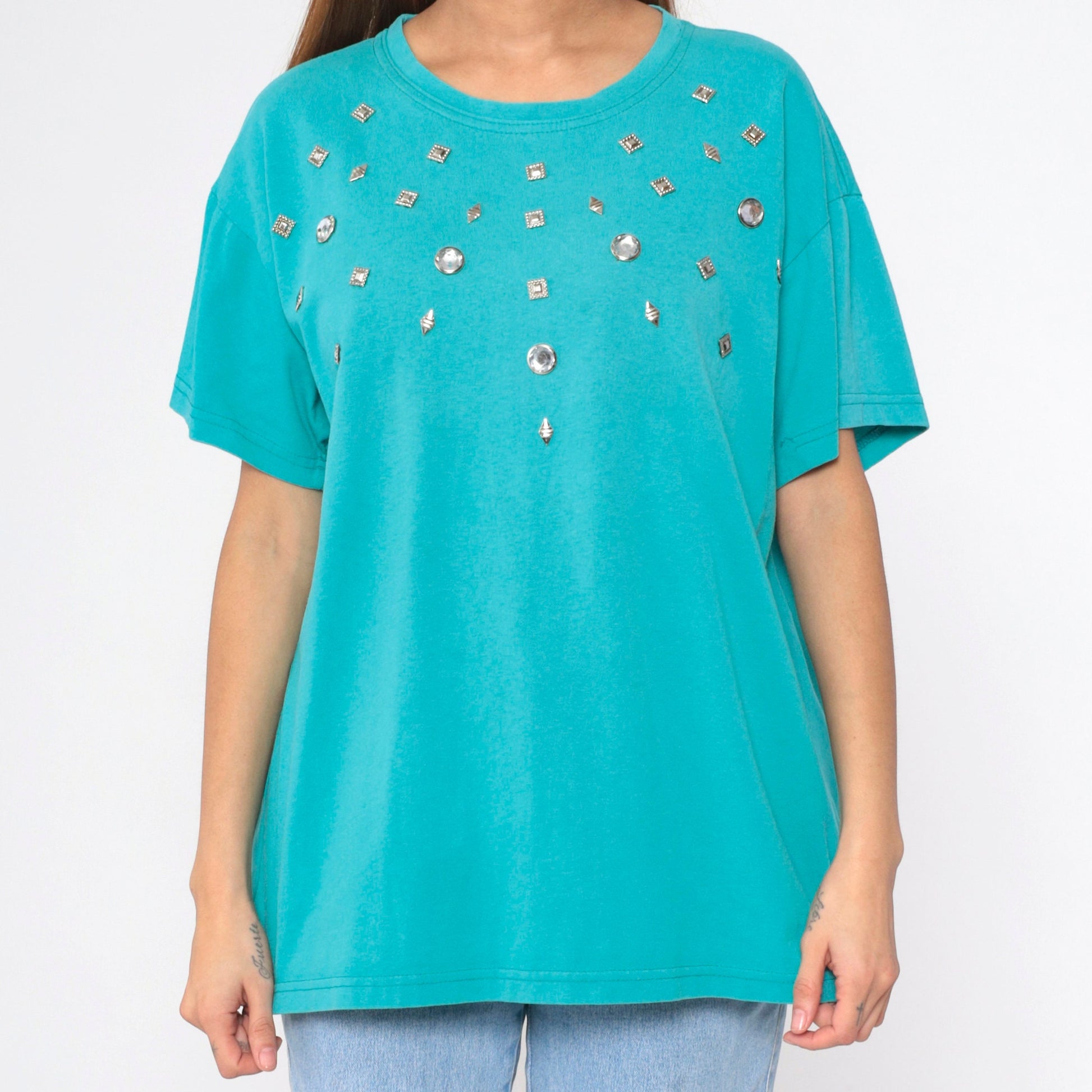 90s Turquoise Studded T-Shirt Silver Rhinestone Embellished Cotton Large L
