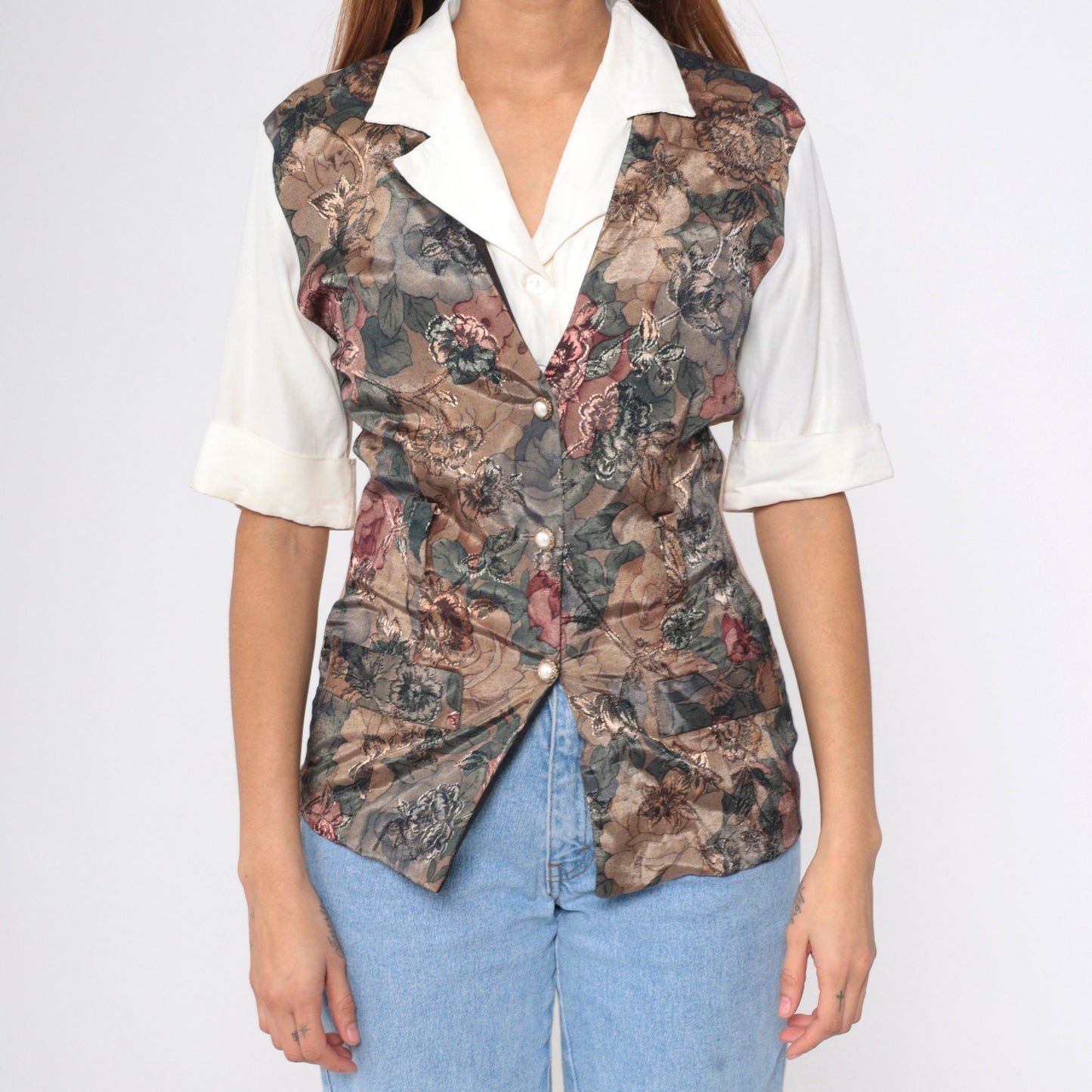 90s Victoria Ashley Floral Vest Blouse White Button Up Short Sleeve Small