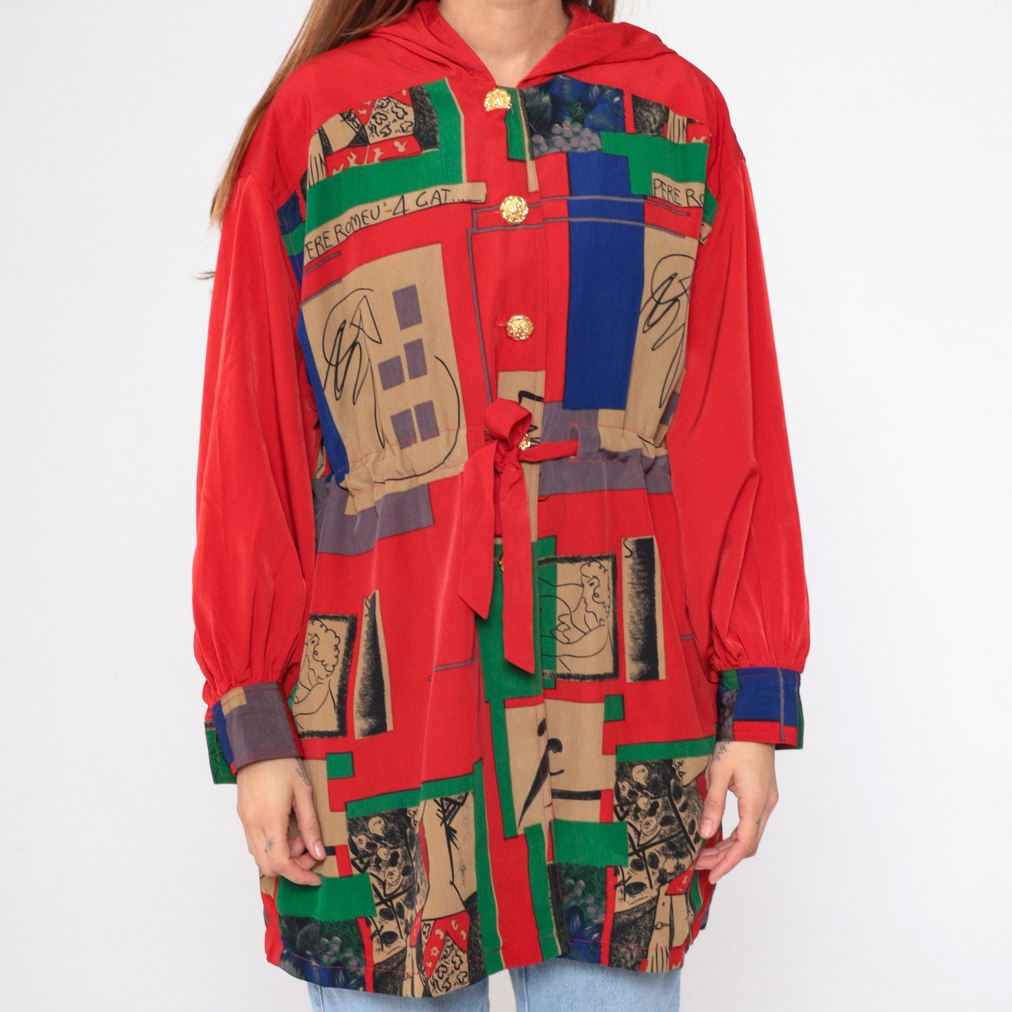 90s Picasso Barcelona Art Hooded Jacket Red Button-Up Drawstring Waist Large L