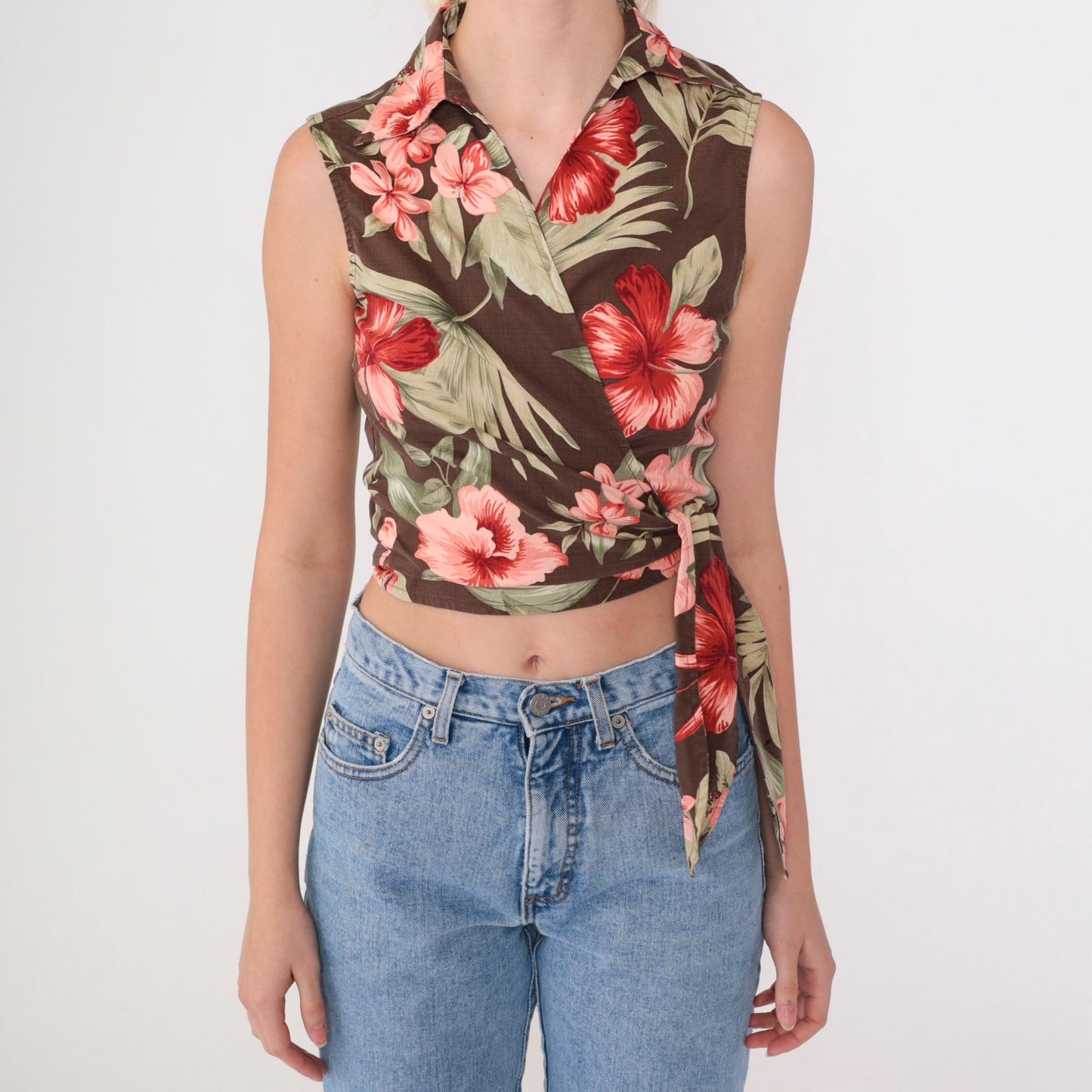 90s Tommy Bahama Tropical Silk Crop Top Brown Hibiscus Wrap Tie Waist Extra Small