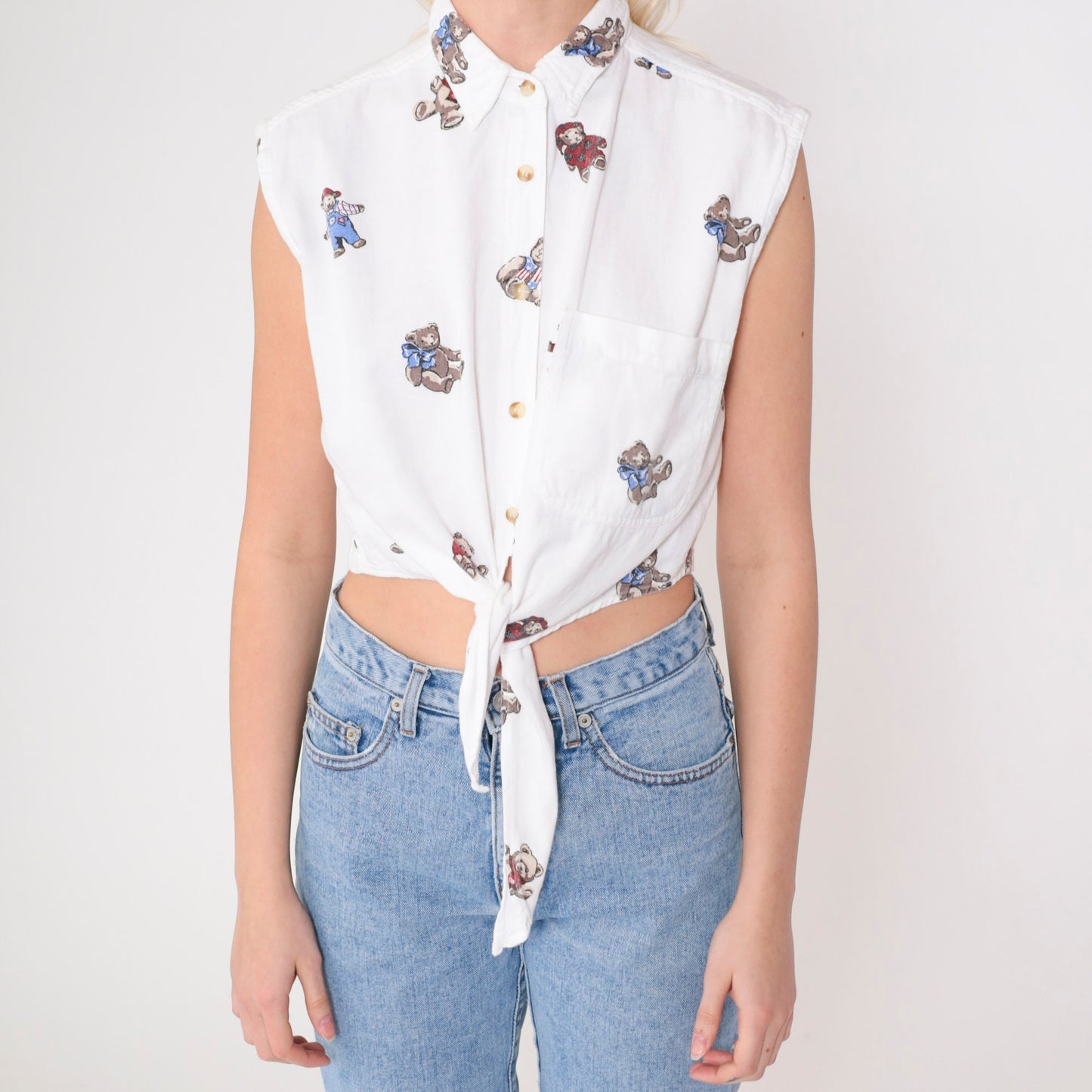 90s Teddy Bear Crop Top Sleeveless Button Down Blouse White Cotton Small