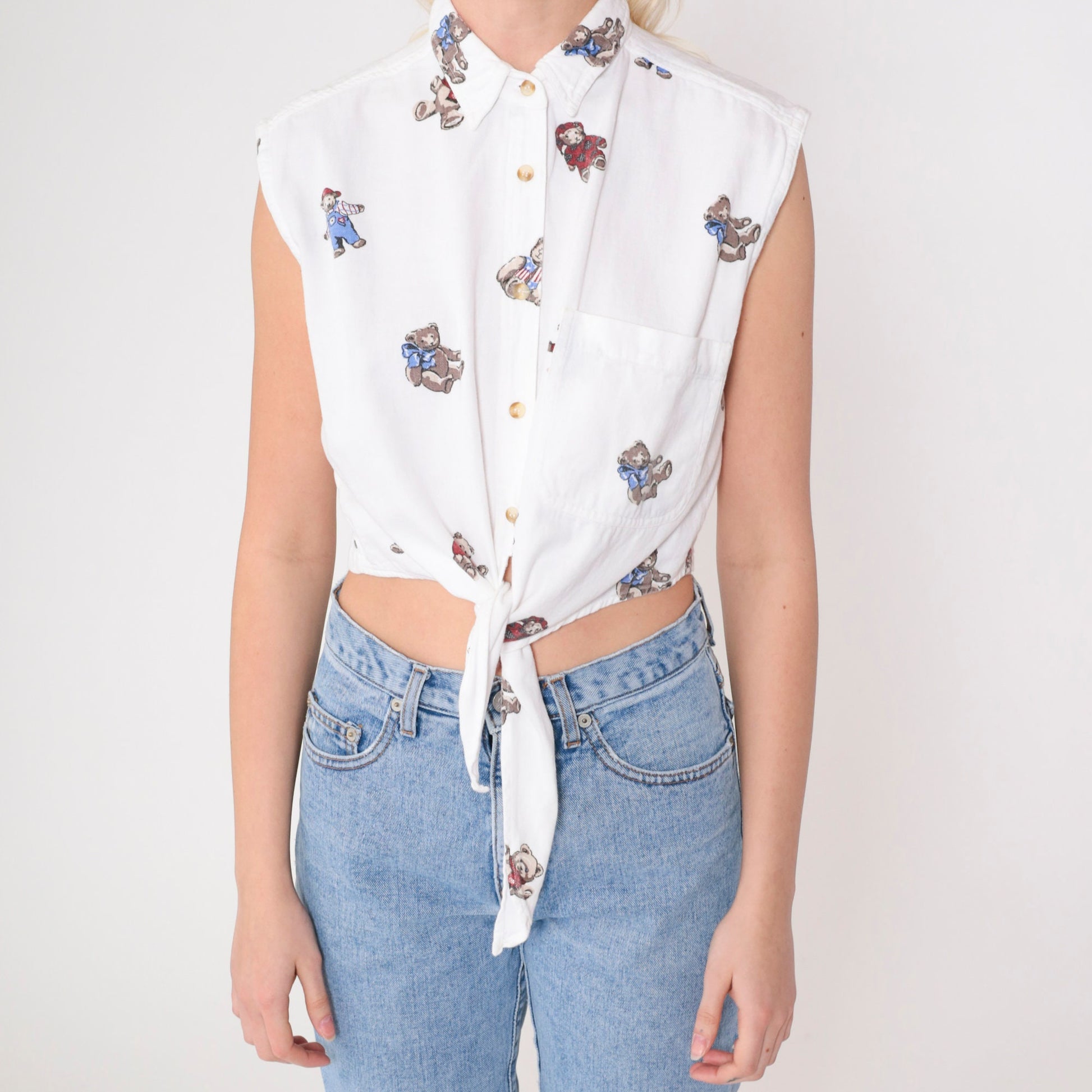 90s Teddy Bear Crop Top Sleeveless Button Down Blouse White Cotton Small