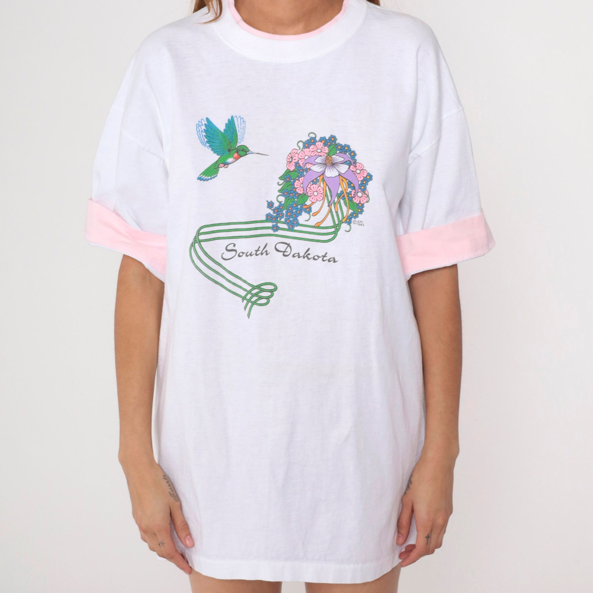 80s South Dakota Hummingbird Floral Graphic T-Shirt White Cotton Extra Large XL