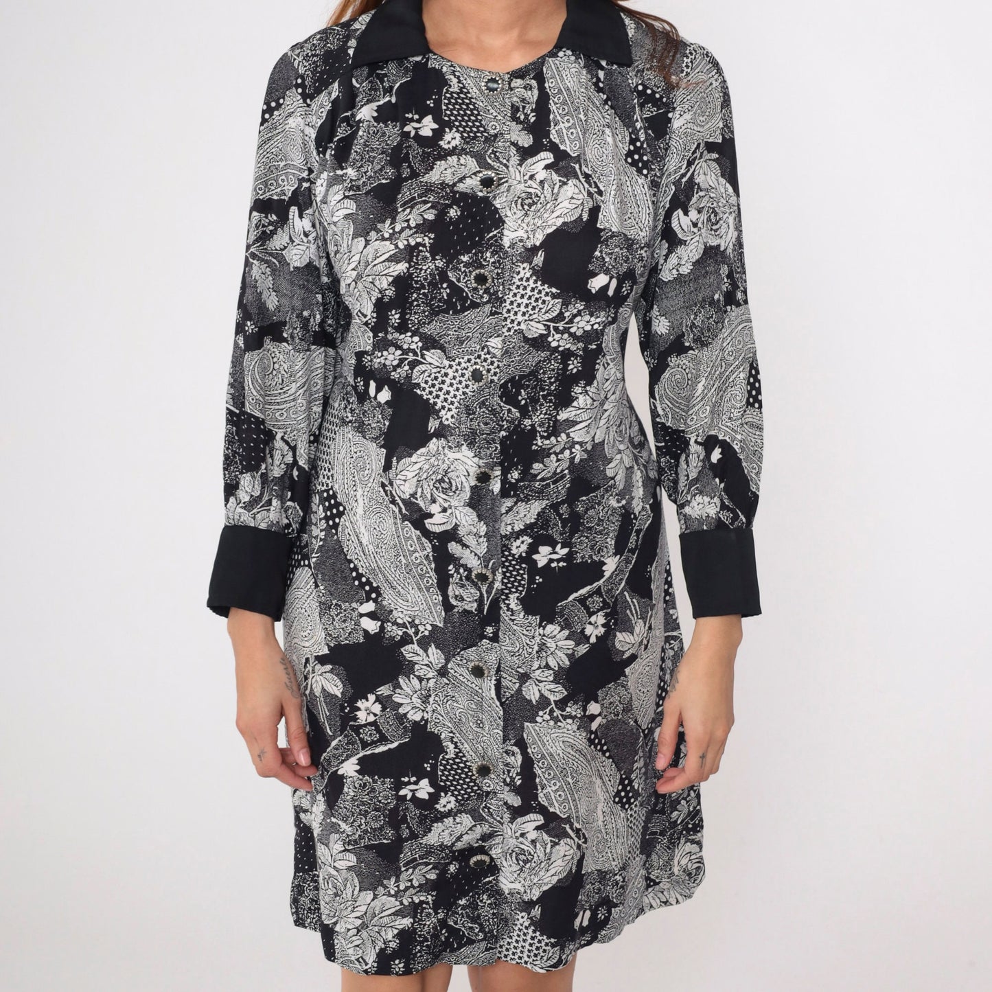 90s Patchwork Paisley Floral Mini Dress Black White Button Up Long Sleeve Medium