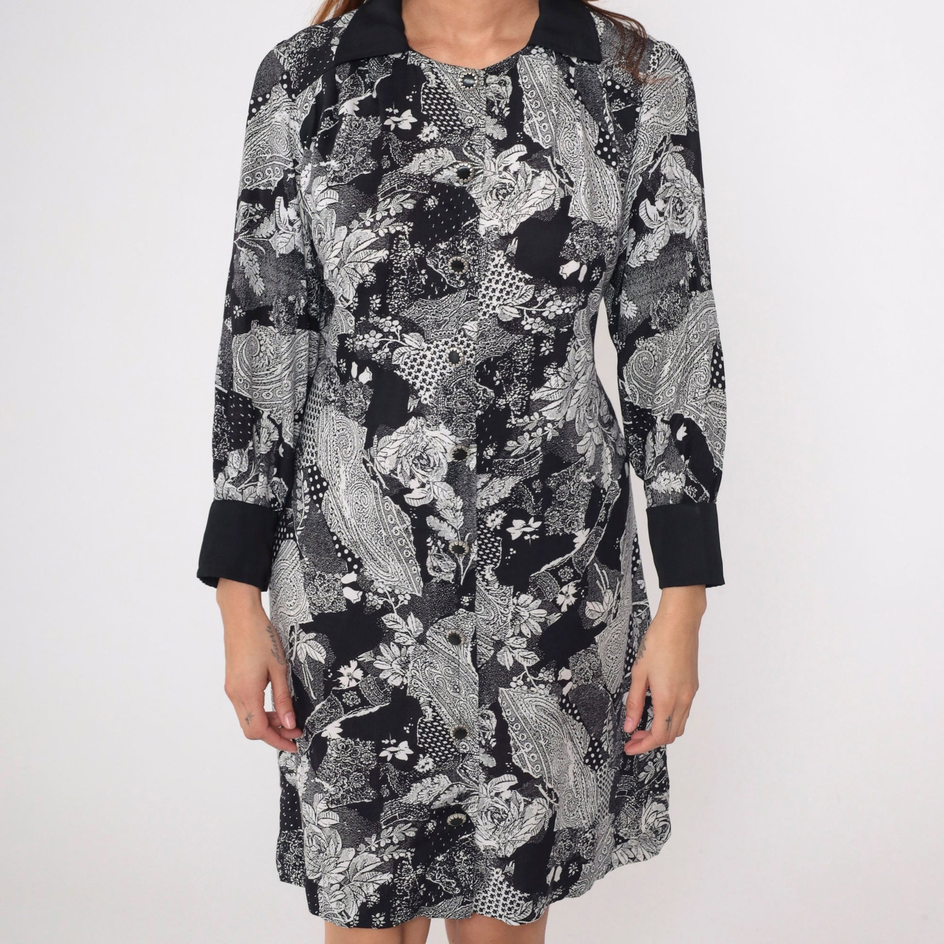 90s Patchwork Paisley Floral Mini Dress Black White Button Up Long Sleeve Medium